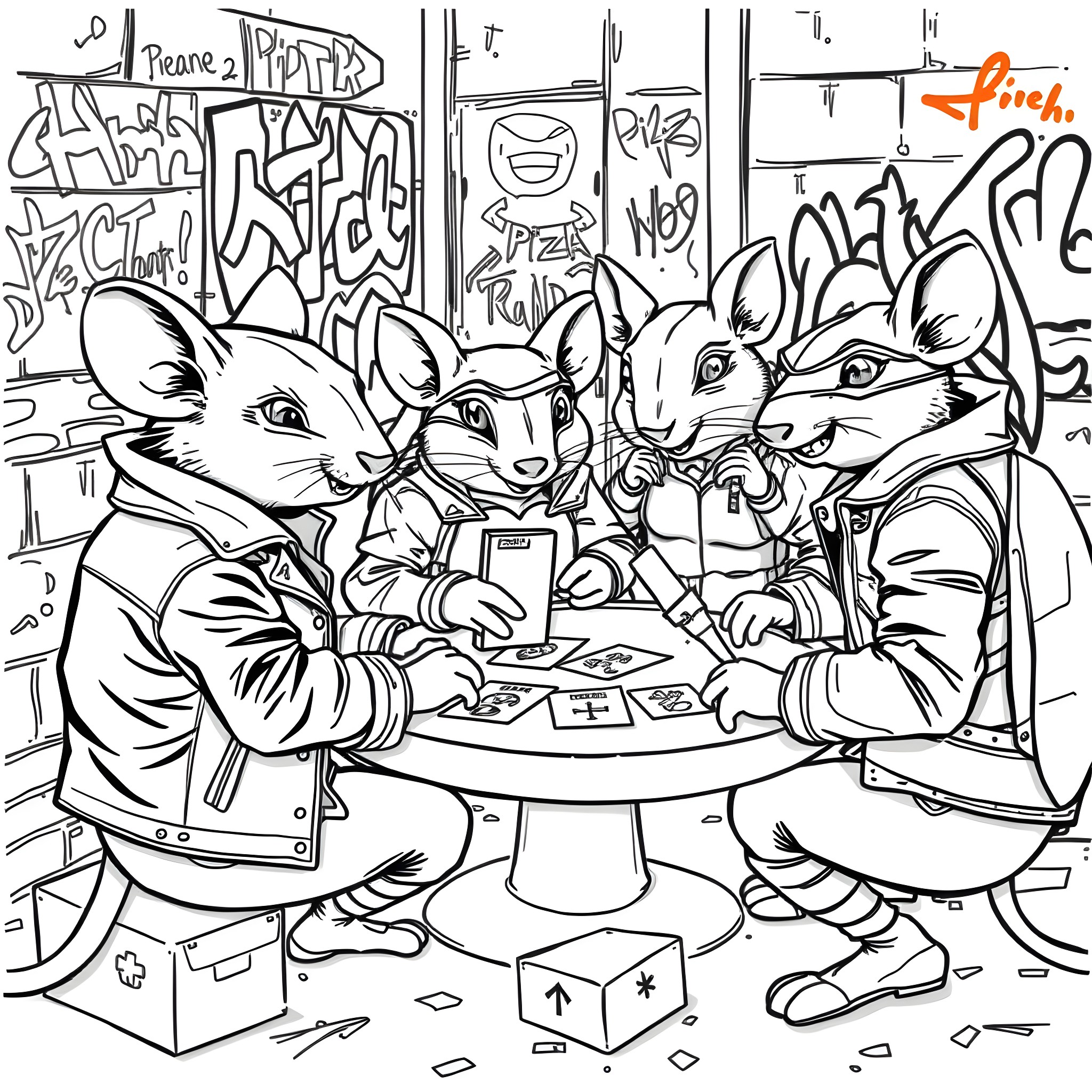 Biker Mice Hanging Out in Graffiti-Covered Hideout Coloring Page (free black-and-white line drawing printable PDF for all, from beginners to advanced learners, including children, teens, adults, and seniors)