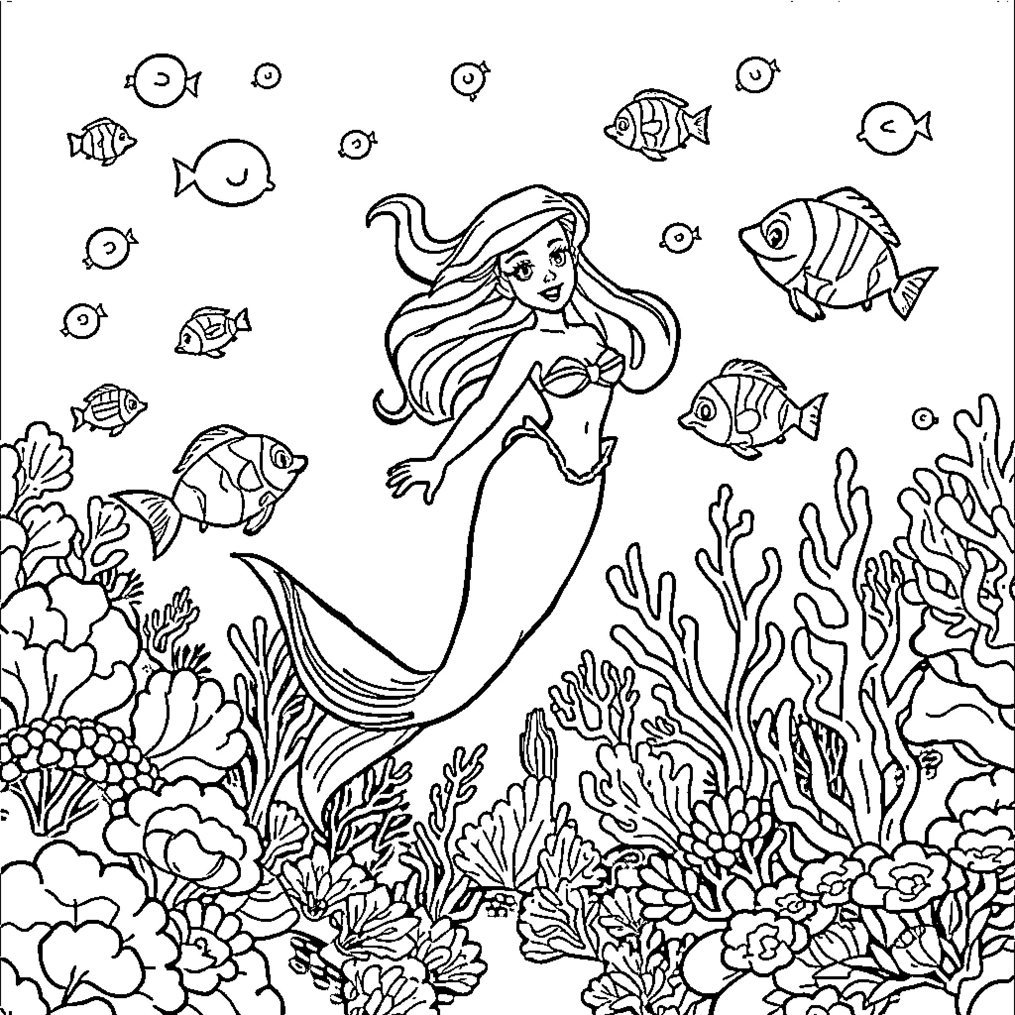 Ariel swimming among vibrant marine life Coloring Page (free black-and-white line drawing printable PDF for all, from beginners to advanced learners, including children, teens, adults, and seniors)