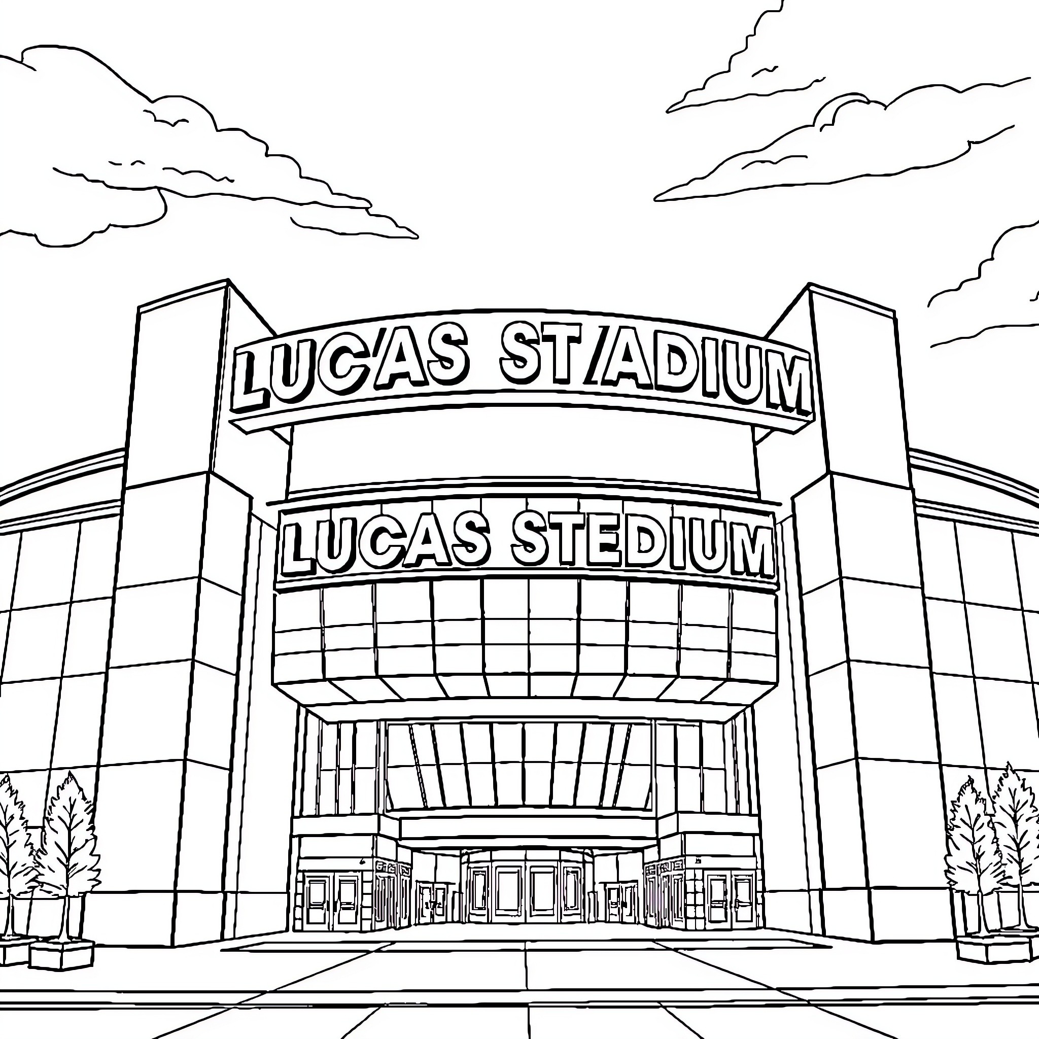 Lucas Oil Stadium, a large sports arena with architectural features Coloring Page (free black-and-white line drawing printable PDF for all, from beginners to advanced learners, including children, teens, adults, and seniors)
