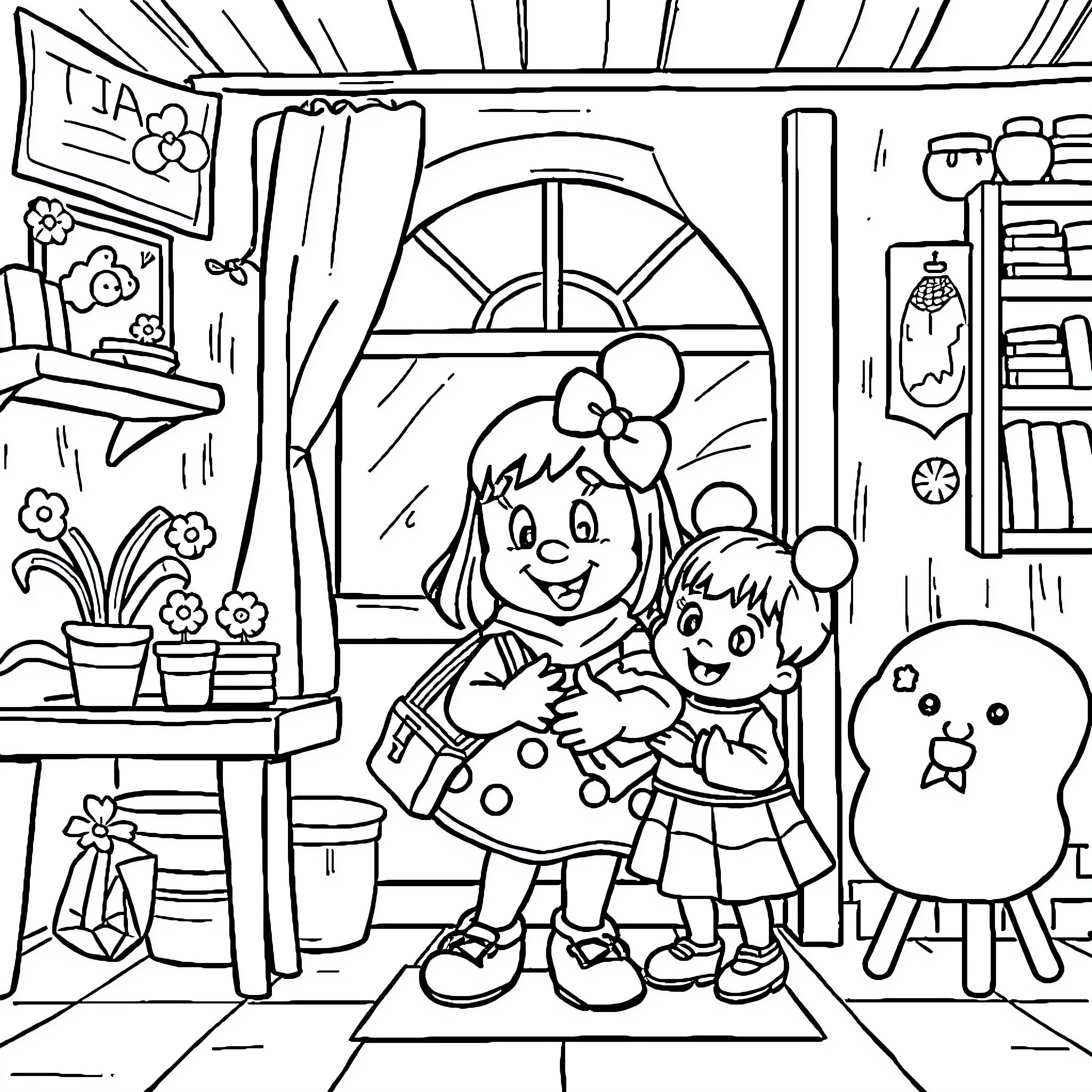 Minnie and Mickey's Cozy Cottage Adventure Coloring Page (free black-and-white line drawing printable PDF for all, from beginners to advanced learners, including children, teens, adults, and seniors)