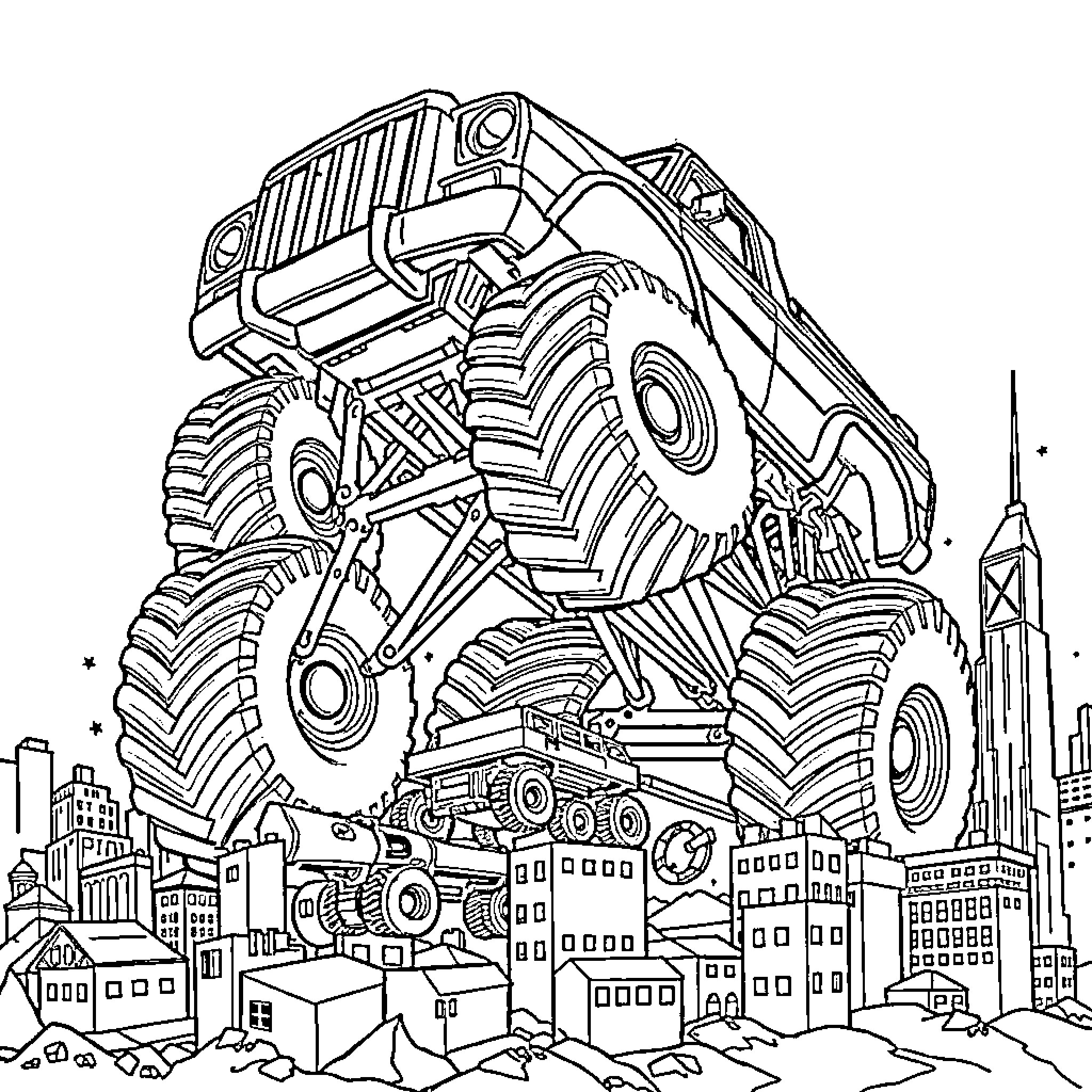 Monster Truck Stomping Through the City Coloring Page (free black-and-white line drawing printable PDF for all, from beginners to advanced learners, including children, teens, adults, and seniors)