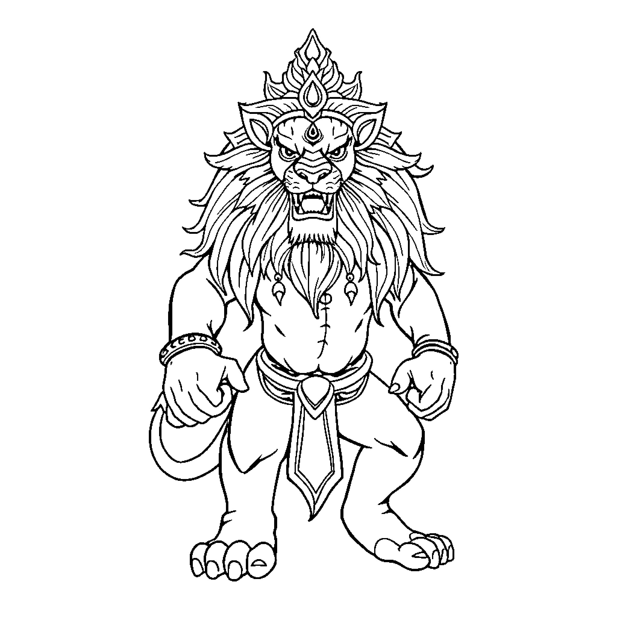 Narasimha the Fierce Avatar Unleashed Coloring Page (free black-and-white line drawing printable PDF for all, from beginners to advanced learners, including children, teens, adults, and seniors)