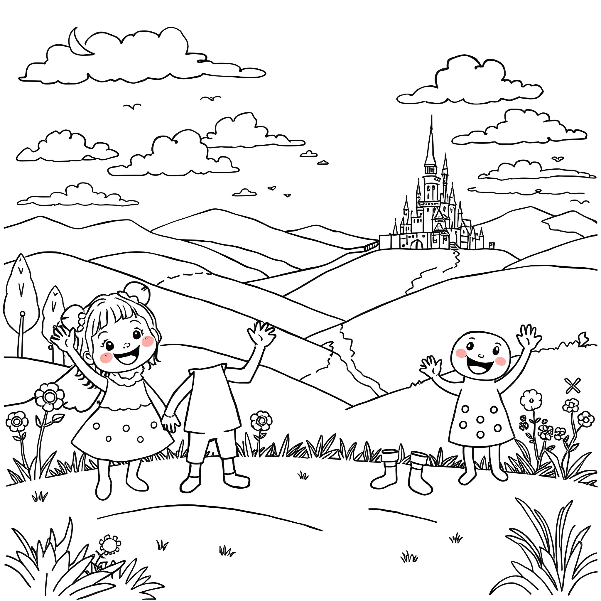Dandy duo enjoying a whimsical landscape Coloring Page (free black-and-white line drawing printable PDF for all, from beginners to advanced learners, including children, teens, adults, and seniors)