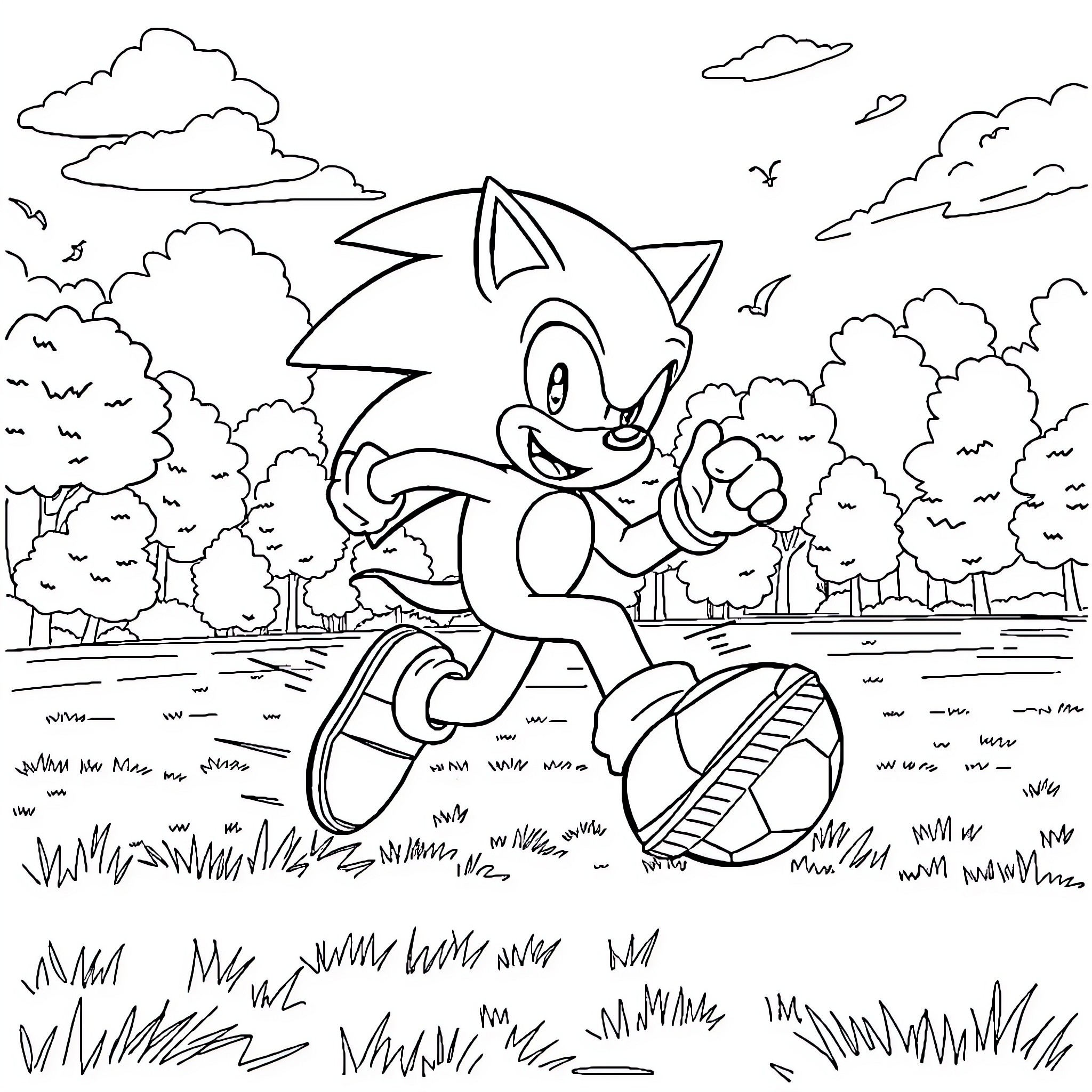 Sonic running happily through a scenic outdoor landscape Coloring Page (free black-and-white line drawing printable PDF for all, from beginners to advanced learners, including children, teens, adults, and seniors)