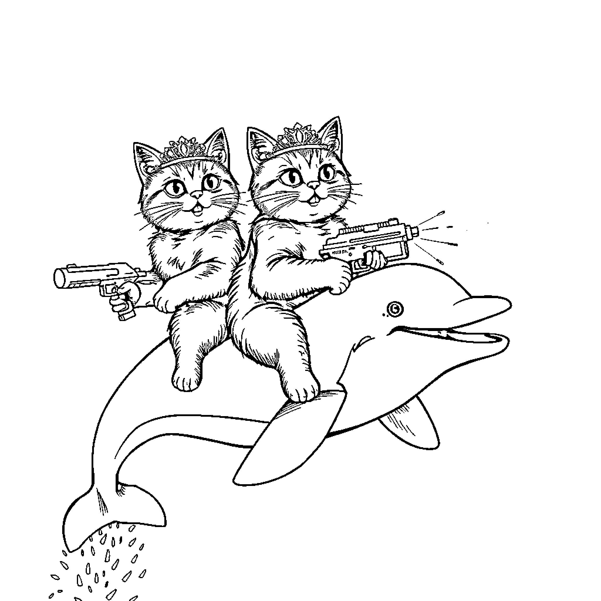 Cats Riding on Dolphin with Guns Coloring Page (free black-and-white line drawing printable PDF for all, from beginners to advanced learners, including children, teens, adults, and seniors)