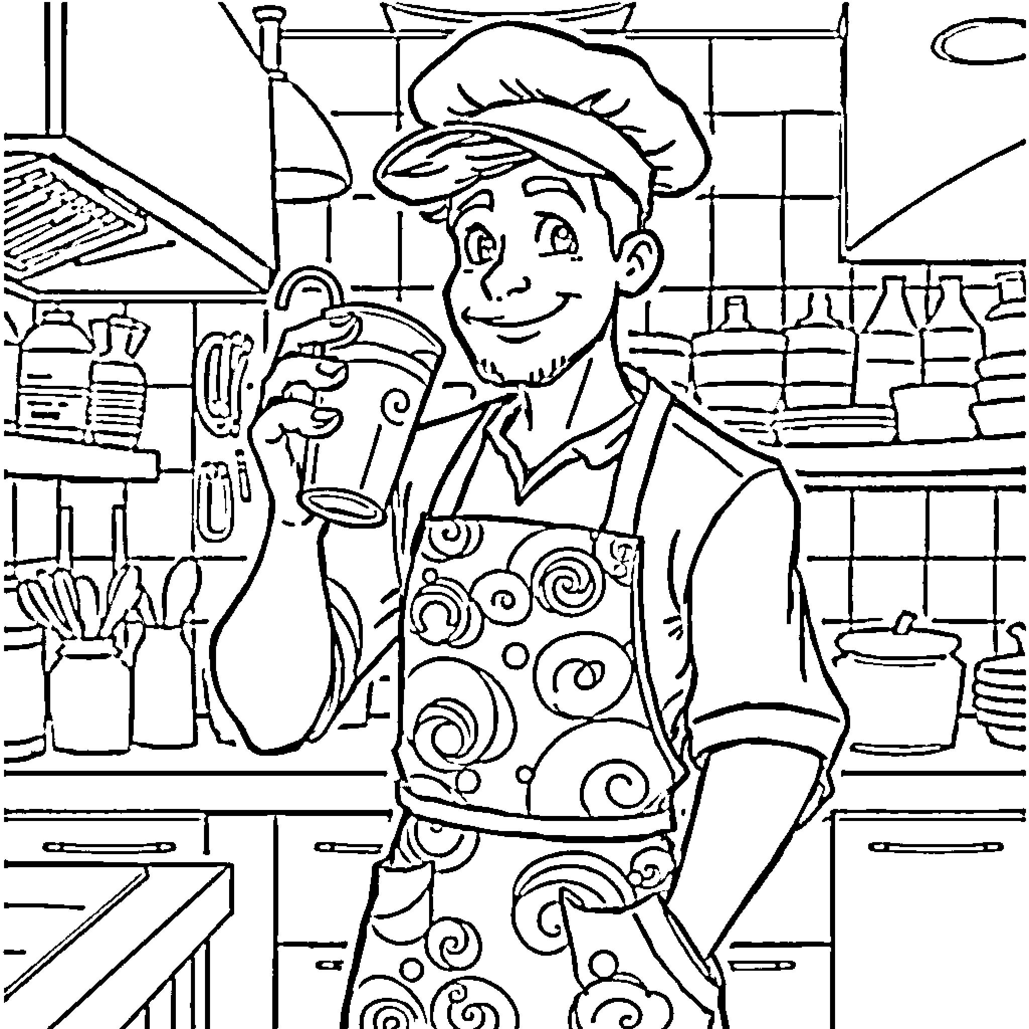 Frycook in a Lively Kitchen Setting Coloring Page (free black-and-white line drawing printable PDF for all, from beginners to advanced learners, including children, teens, adults, and seniors)