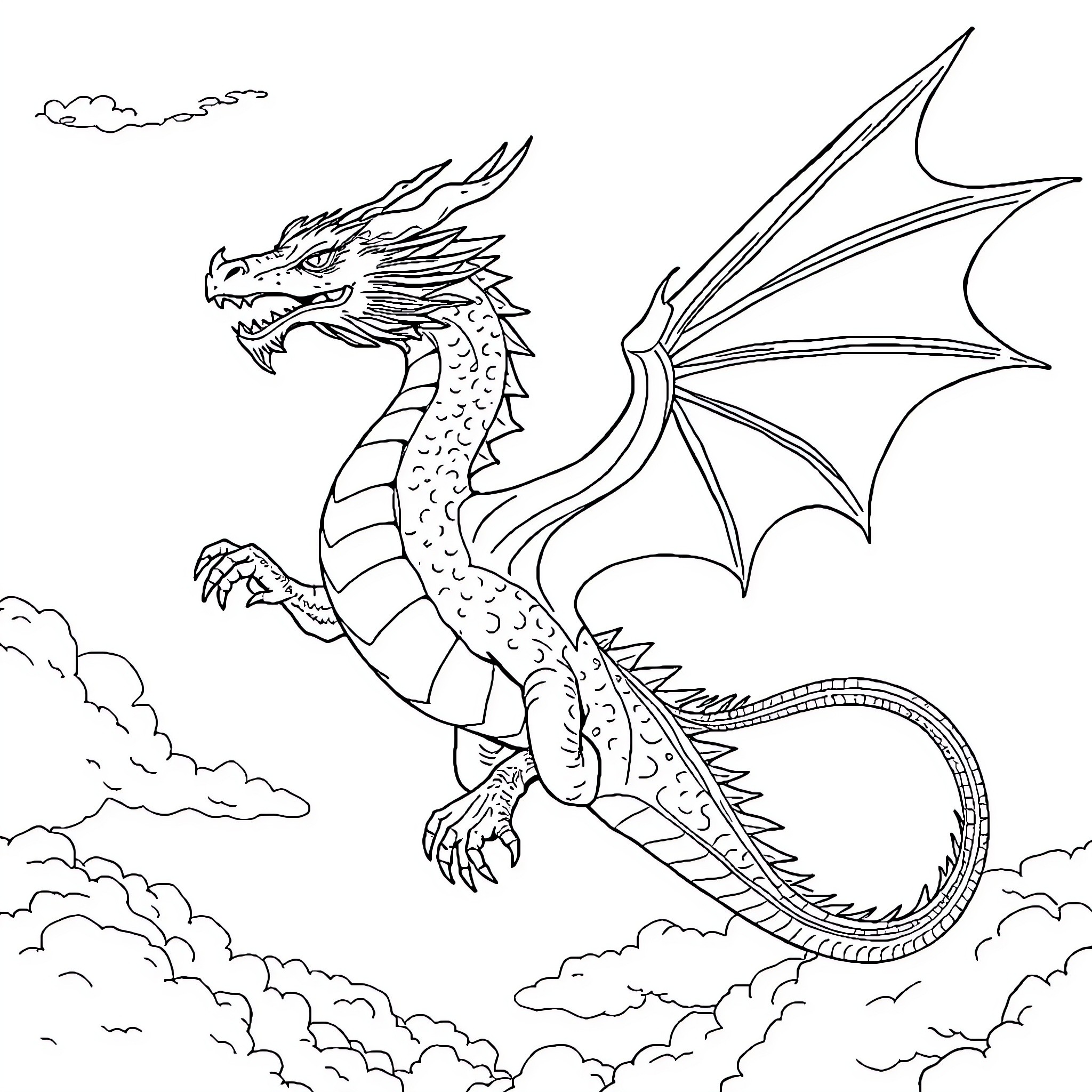 Dragon soaring through the cloudy skies Coloring Page (free black-and-white line drawing printable PDF for all, from beginners to advanced learners, including children, teens, adults, and seniors)
