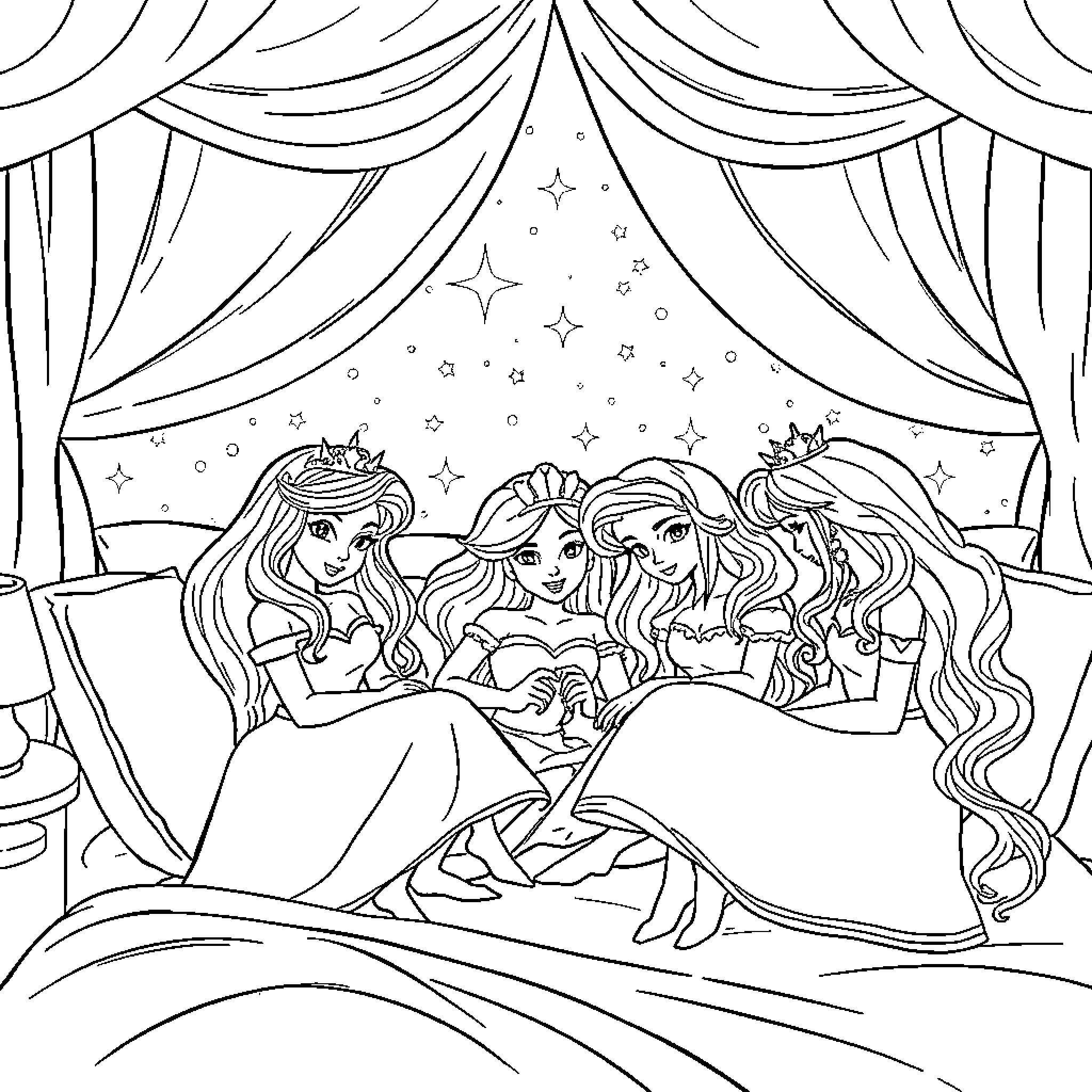 Princess Princesses in Magical Stage Performance Coloring Page (free black-and-white line drawing printable PDF for all, from beginners to advanced learners, including children, teens, adults, and seniors)