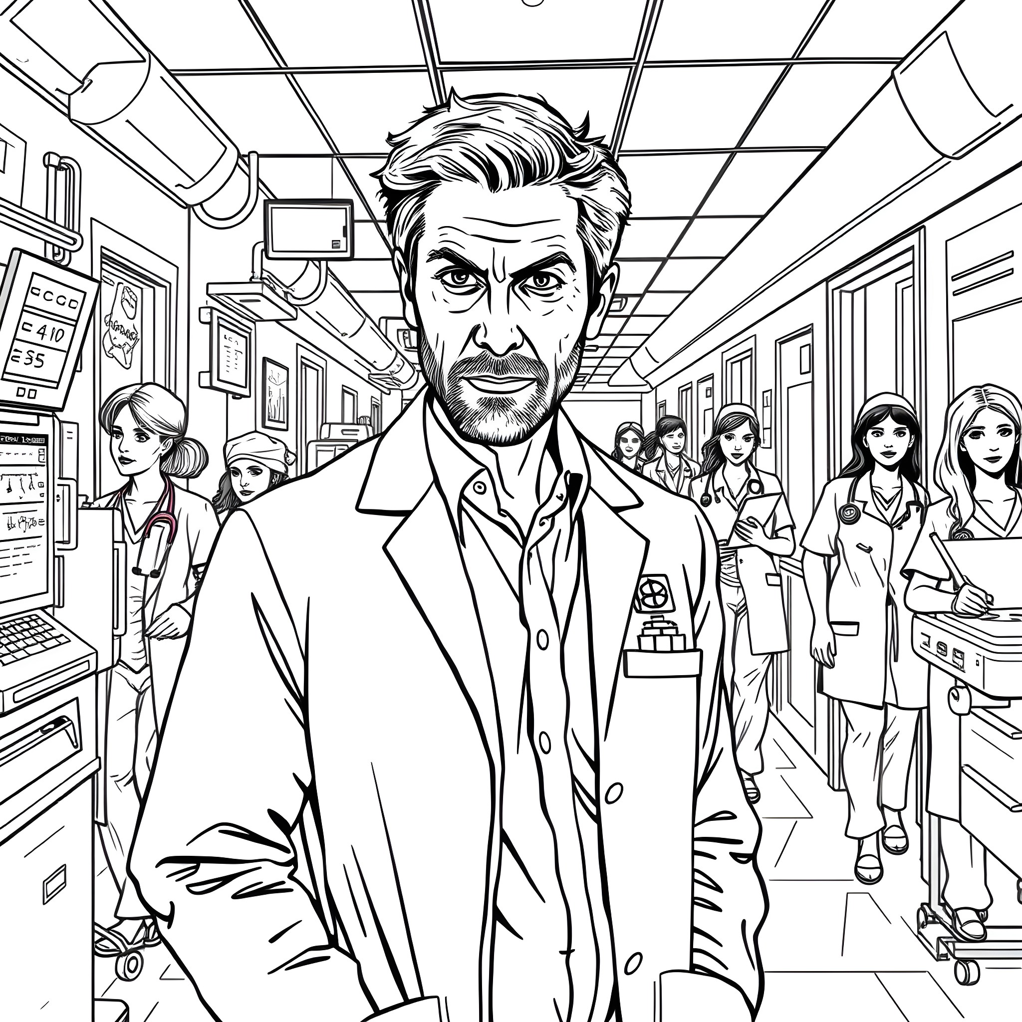 House with serious-looking doctor in medical corridor Coloring Page (free black-and-white line drawing printable PDF for all, from beginners to advanced learners, including children, teens, adults, and seniors)