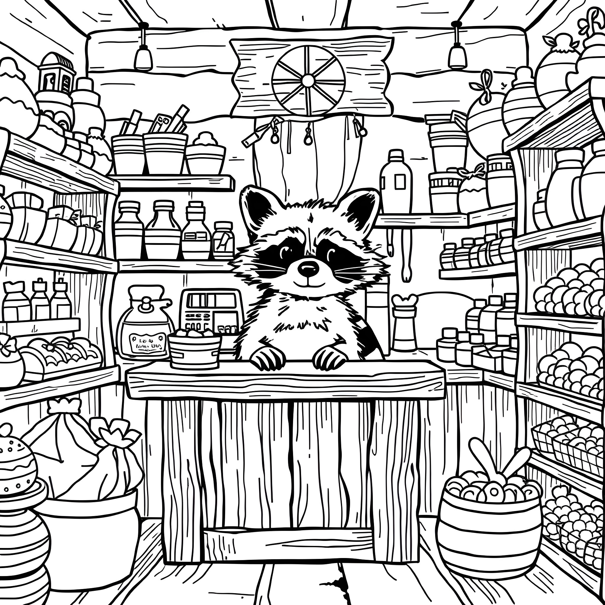 Raccoon exploring a cluttered storage room Coloring Page (free black-and-white line drawing printable PDF for all, from beginners to advanced learners, including children, teens, adults, and seniors)