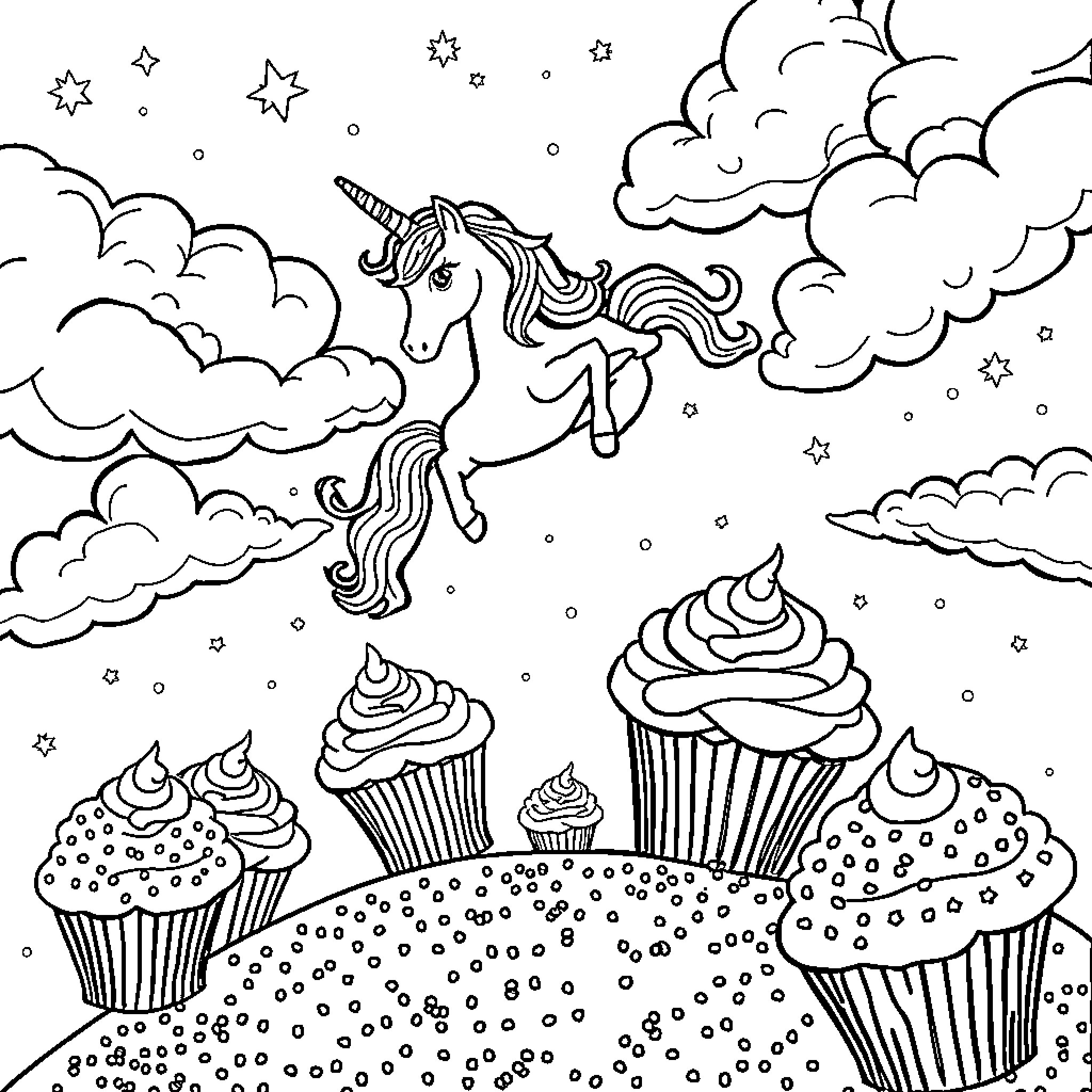 Unicorn soaring among clouds and stars with cupcakes below Coloring Page (free black-and-white line drawing printable PDF for all, from beginners to advanced learners, including children, teens, adults, and seniors)