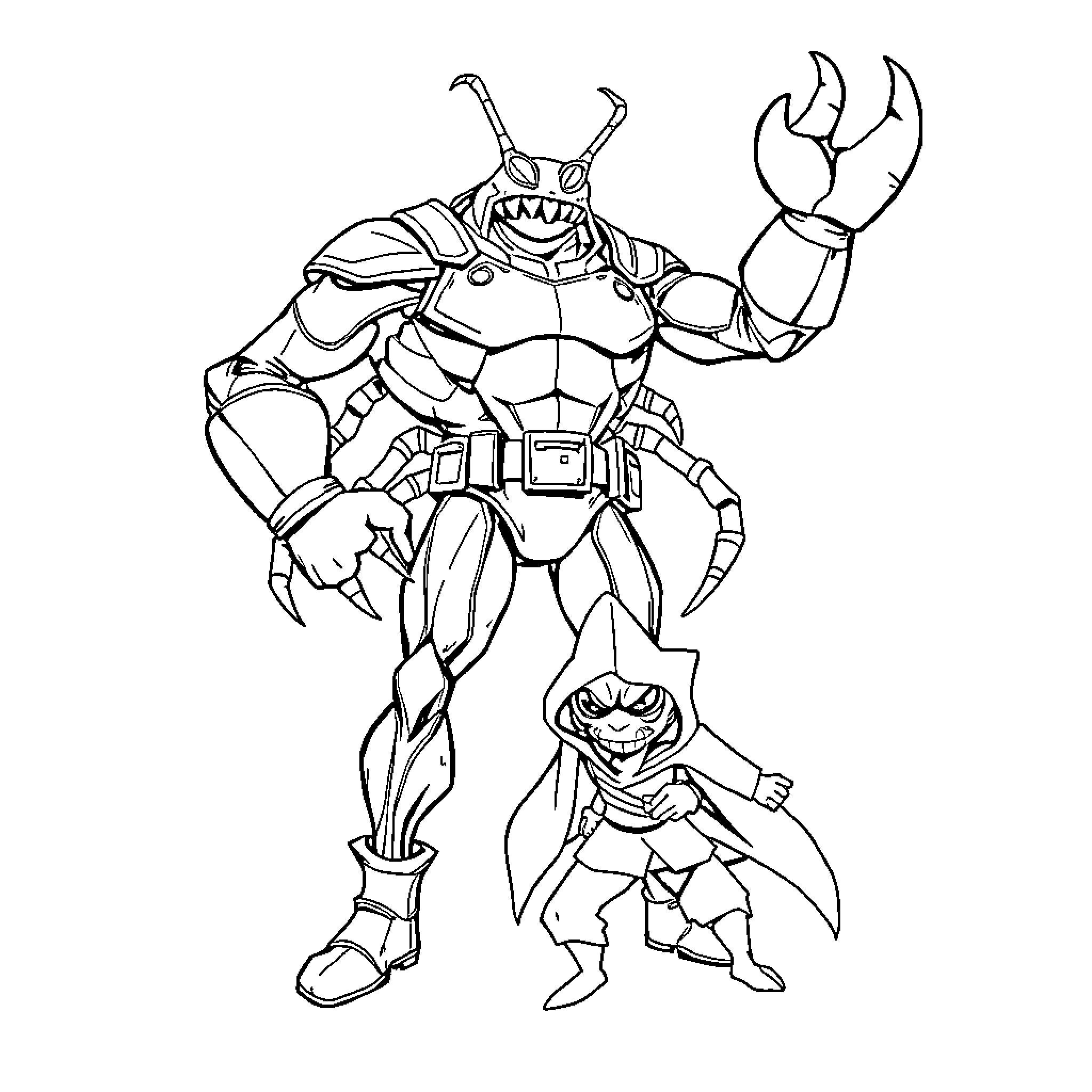 Crab-like mechanical creature and tiny warrior Coloring Page (free black-and-white line drawing printable PDF for all, from beginners to advanced learners, including children, teens, adults, and seniors)