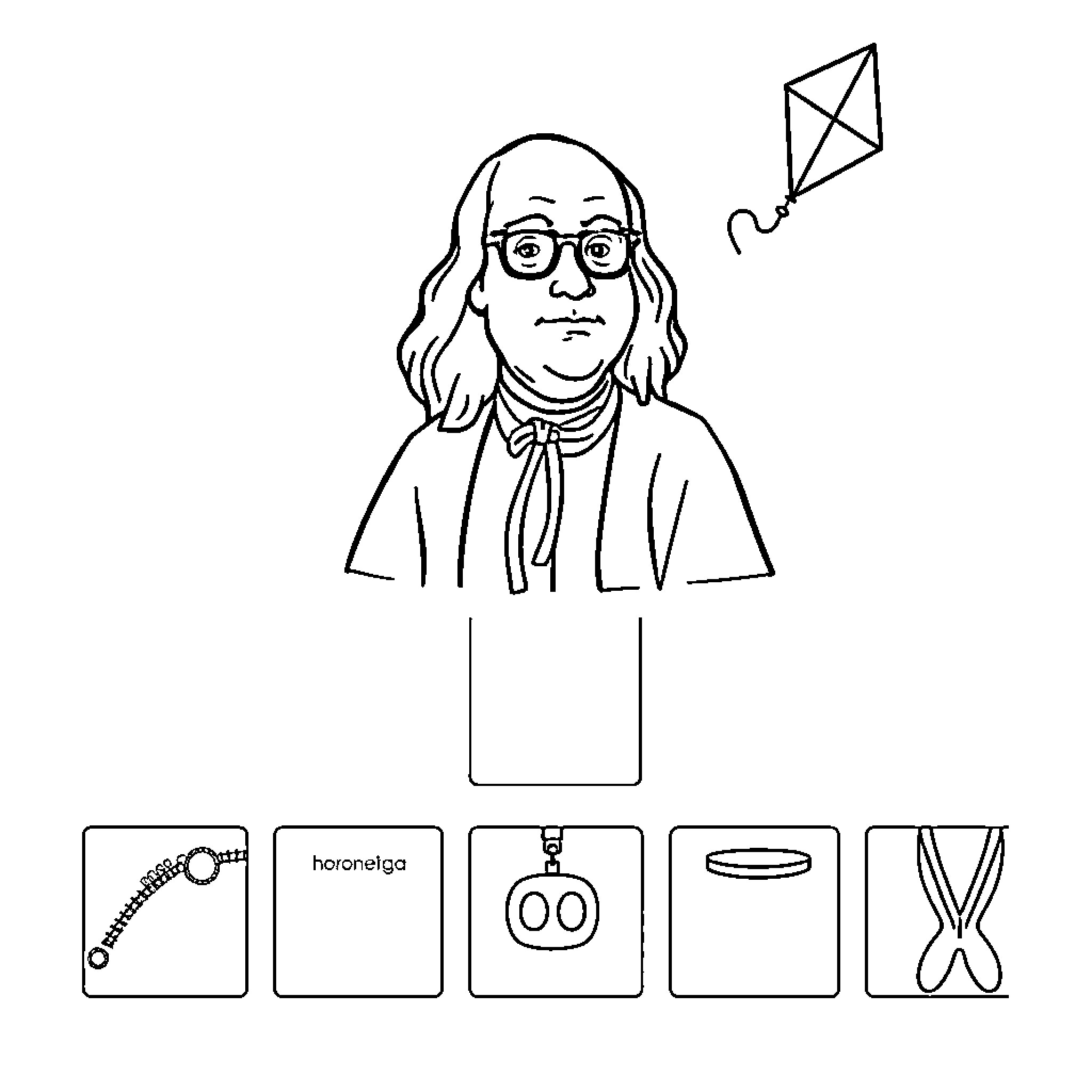 Benjamin Franklin Flying Kite and Wearing Glasses Coloring Page (free black-and-white line drawing printable PDF for all, from beginners to advanced learners, including children, teens, adults, and seniors)