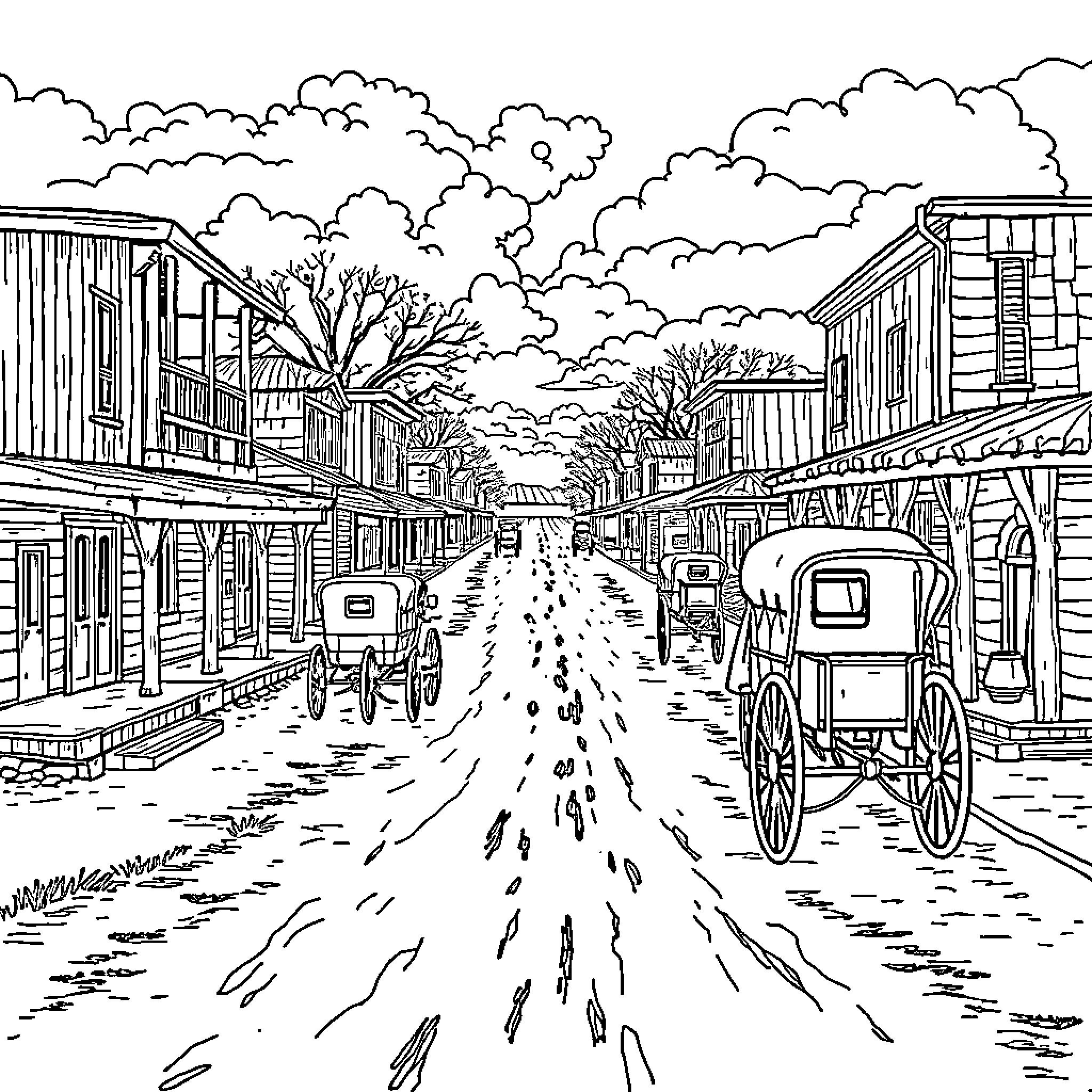 Dallas Old West Street Scene with Horse-Drawn Carriages Coloring Page (free black-and-white line drawing printable PDF for all, from beginners to advanced learners, including children, teens, adults, and seniors)