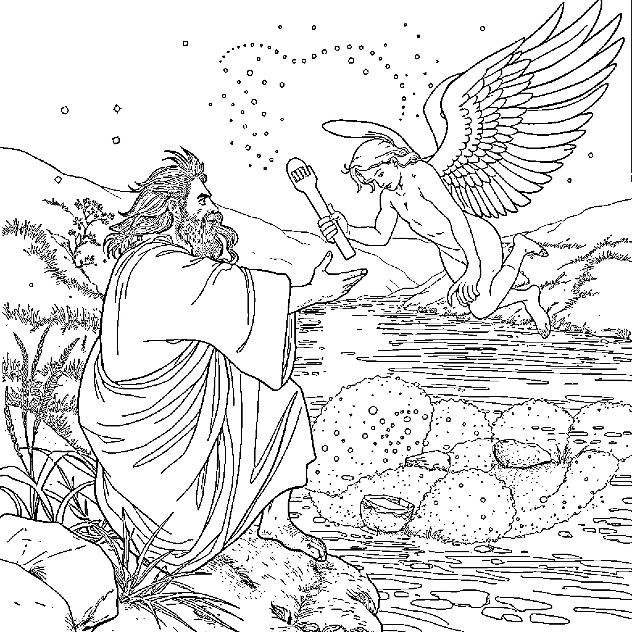 Jacob's Encounter with an Angel in the Wilderness Coloring Page (free black-and-white line drawing printable PDF for all, from beginners to advanced learners, including children, teens, adults, and seniors)