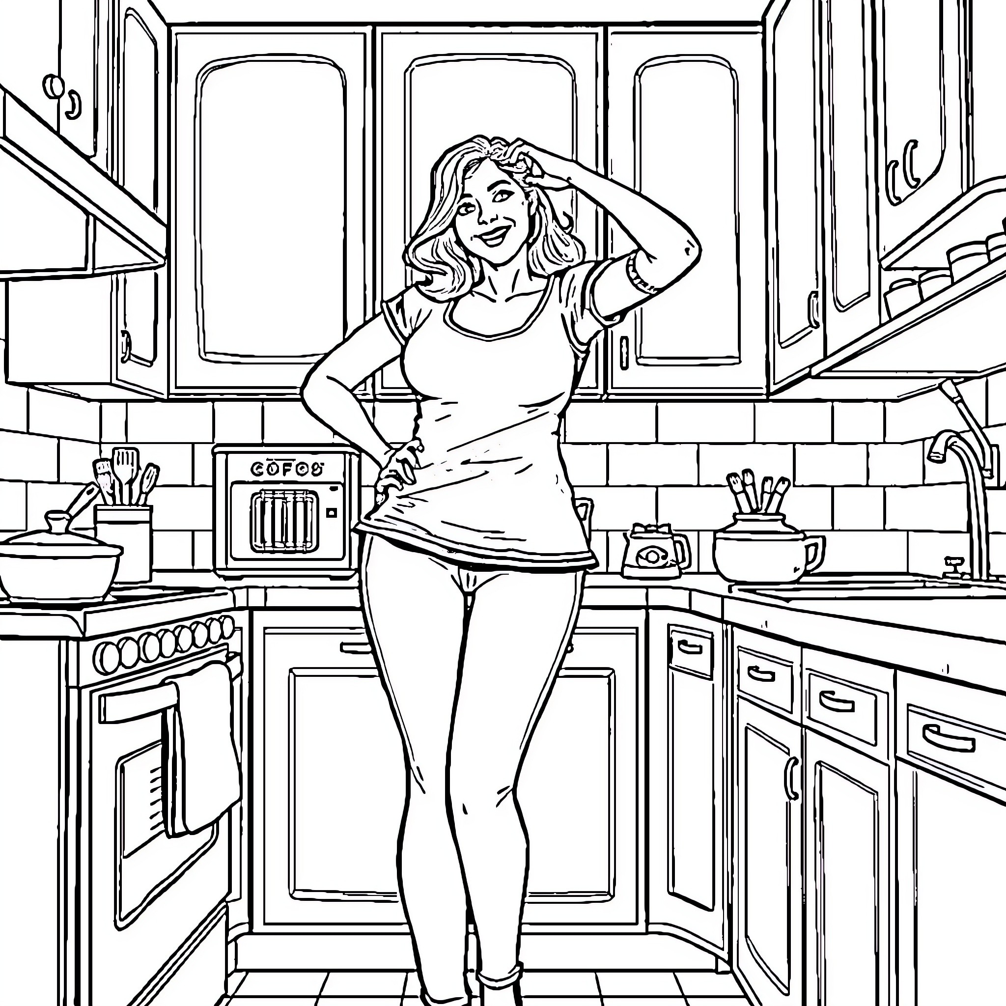 Mom cooking in the kitchen with a happy expression Coloring Page (free black-and-white line drawing printable PDF for all, from beginners to advanced learners, including children, teens, adults, and seniors)