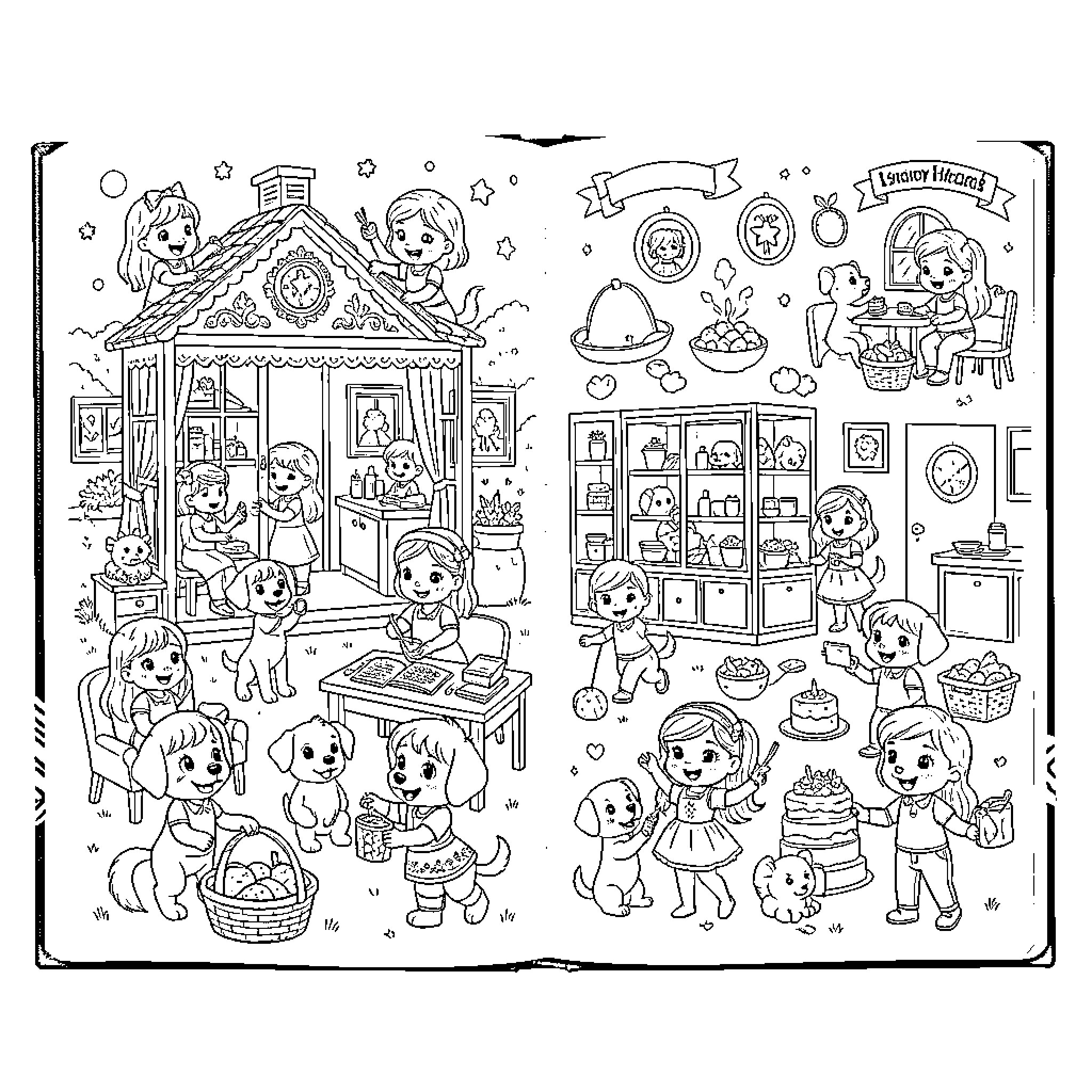 Gabby's Whimsical World: Pets, Parties, and Playtime Coloring Page (free black-and-white line drawing printable PDF for all, from beginners to advanced learners, including children, teens, adults, and seniors)