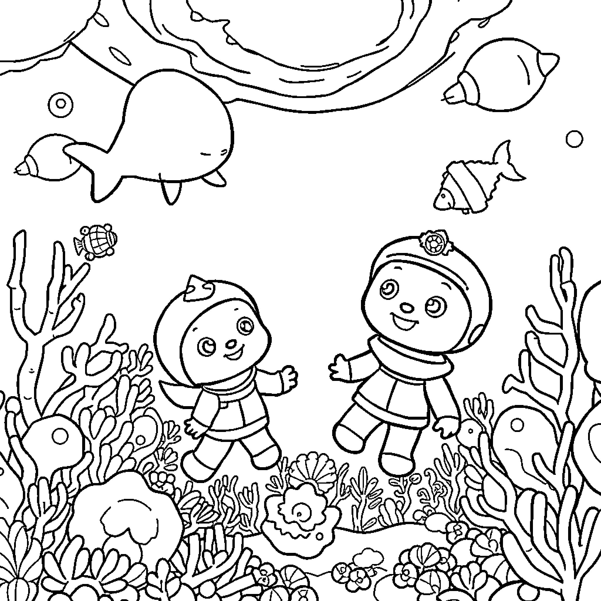 Octonauts exploring the underwater world Coloring Page (free black-and-white line drawing printable PDF for all, from beginners to advanced learners, including children, teens, adults, and seniors)