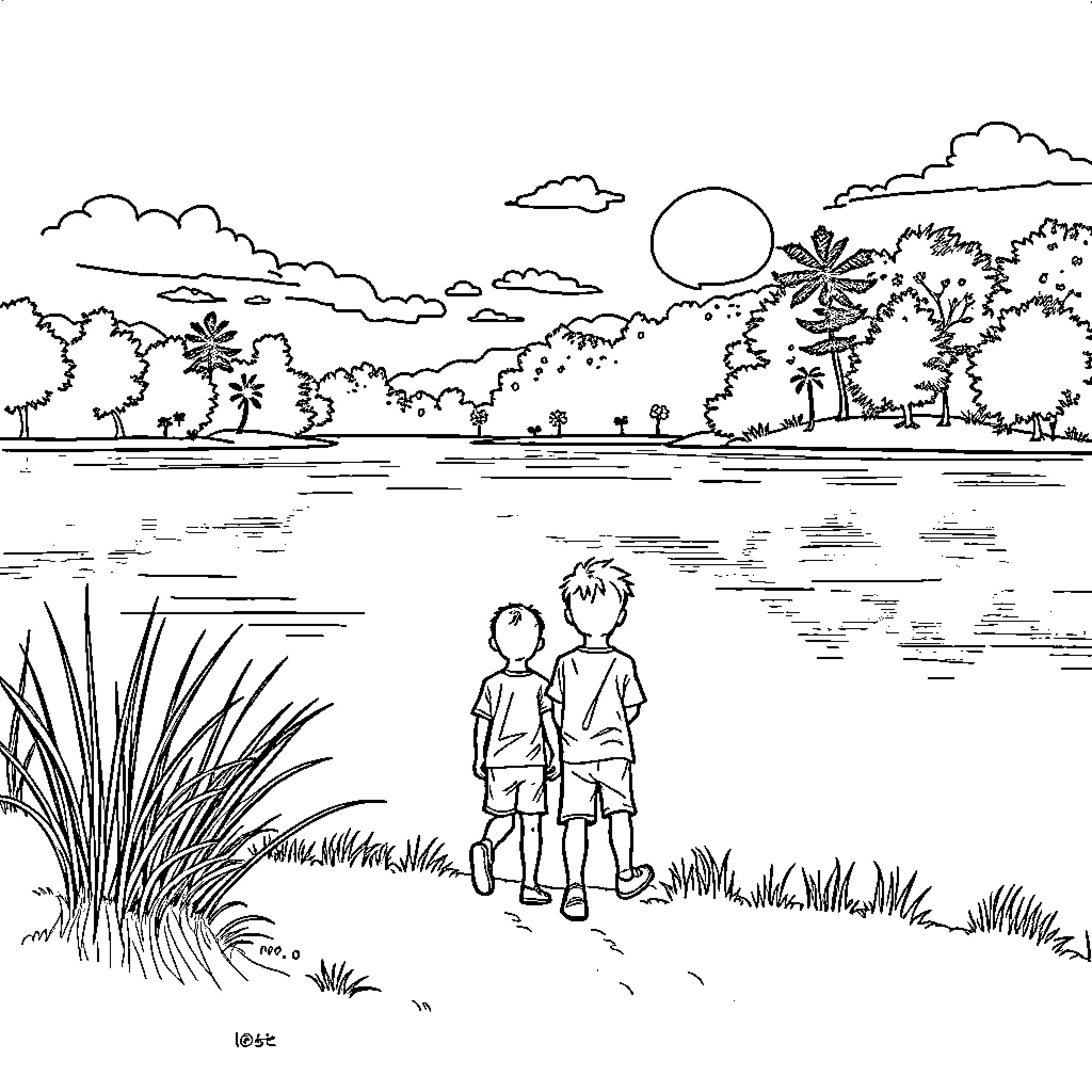 Boy Exploring Peaceful Lakeside Scenery Coloring Page (free black-and-white line drawing printable PDF for all, from beginners to advanced learners, including children, teens, adults, and seniors)