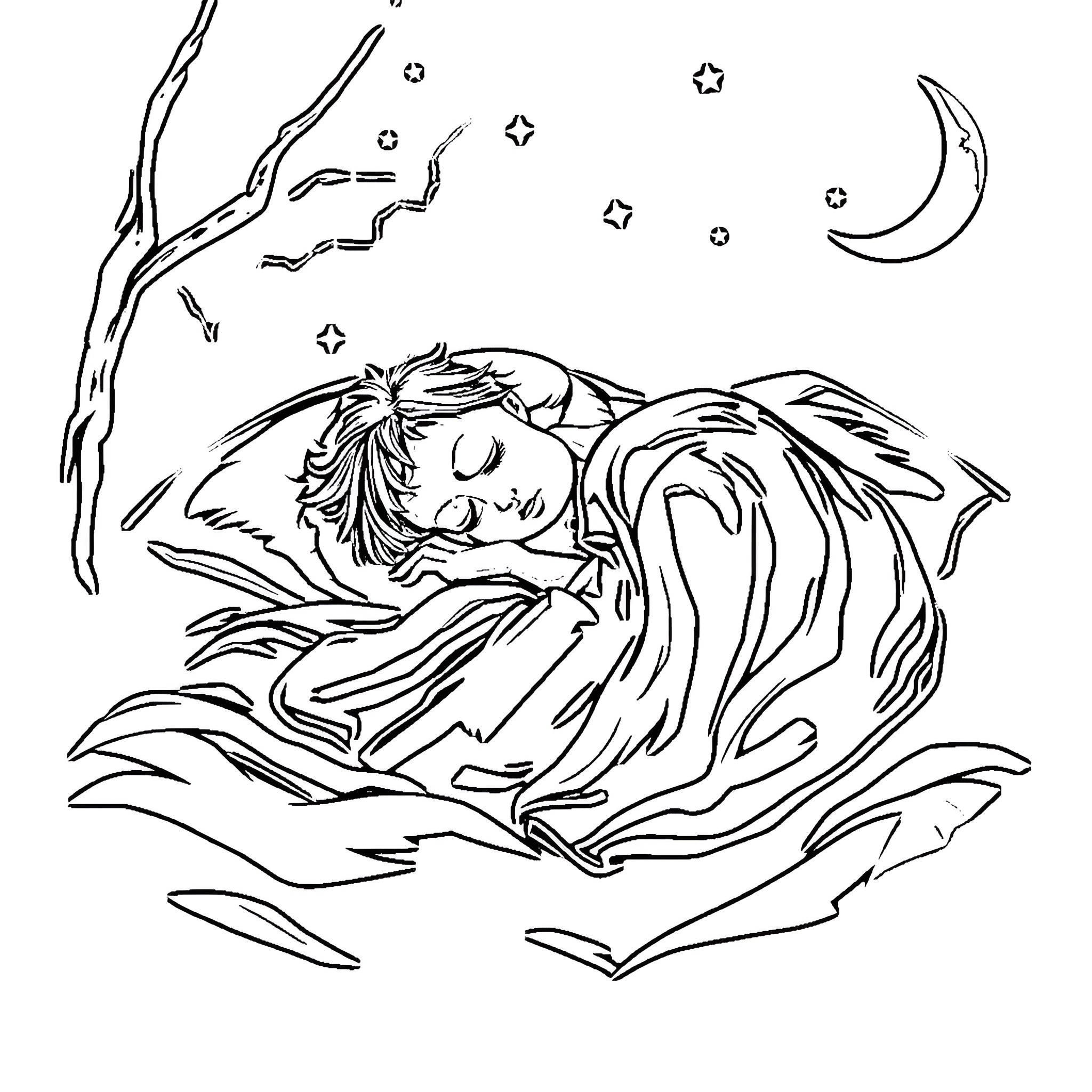Sleep Token: Sleeping Child Under Starry Sky Coloring Page (free black-and-white line drawing printable PDF for all, from beginners to advanced learners, including children, teens, adults, and seniors)