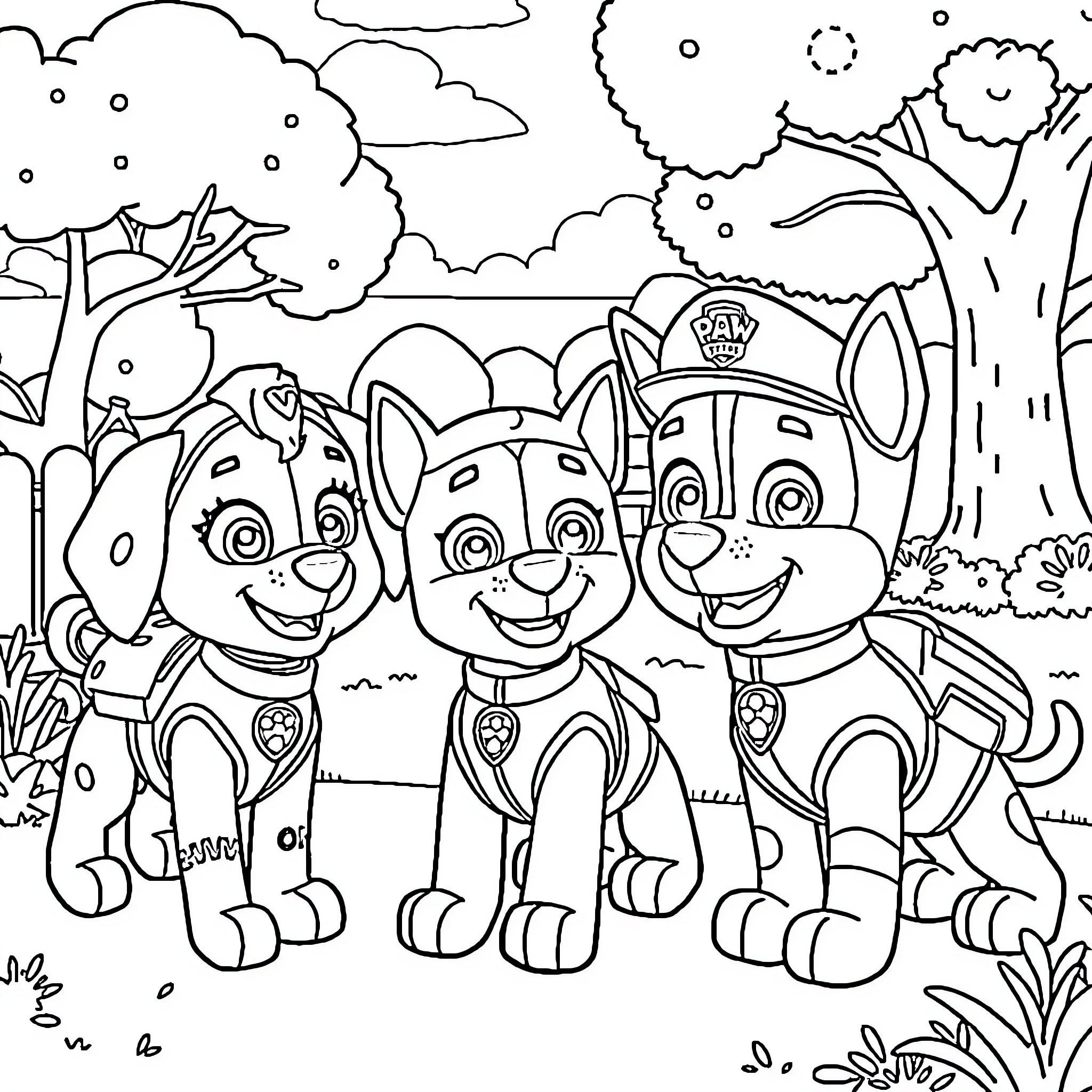Paw Patrol Pups in the Outdoor Adventure Coloring Page (free black-and-white line drawing printable PDF for all, from beginners to advanced learners, including children, teens, adults, and seniors)