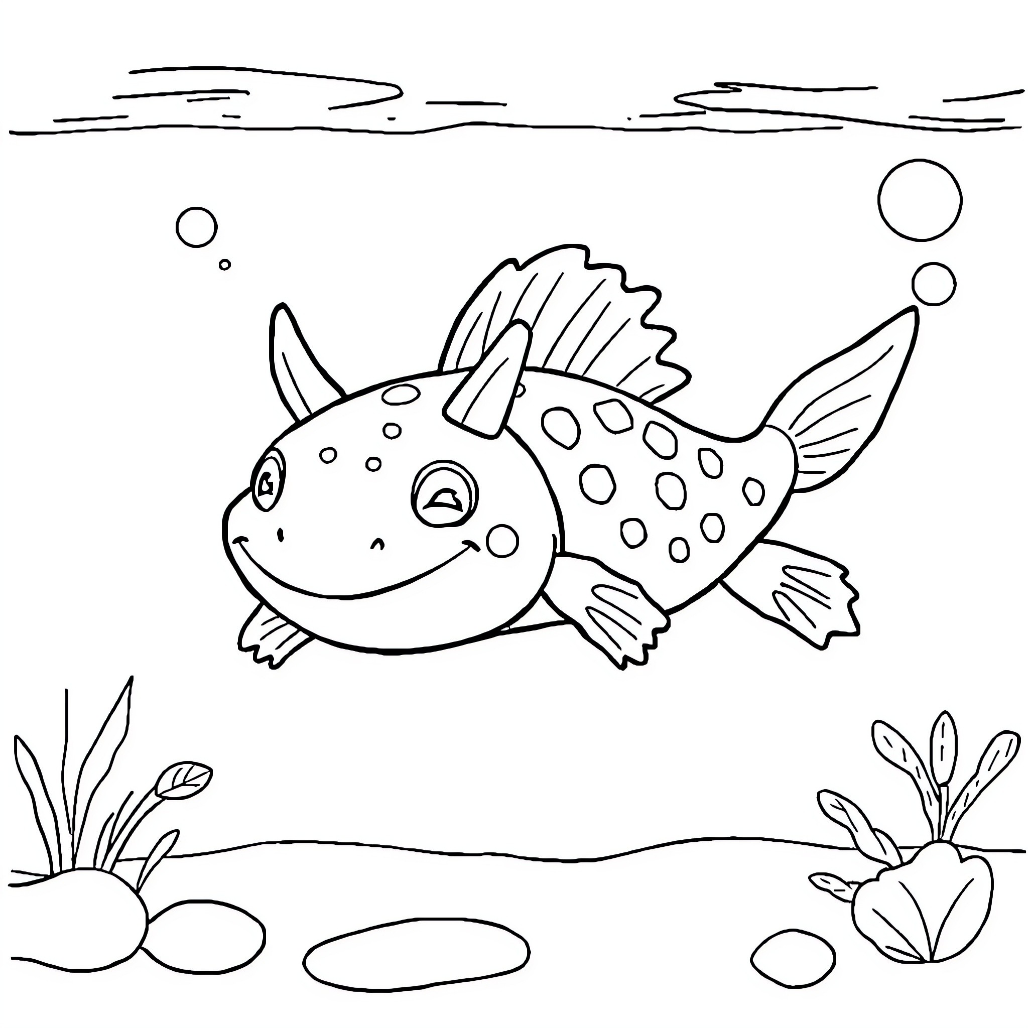 Axolotl swimming joyfully in the underwater scene Coloring Page (free black-and-white line drawing printable PDF for all, from beginners to advanced learners, including children, teens, adults, and seniors)
