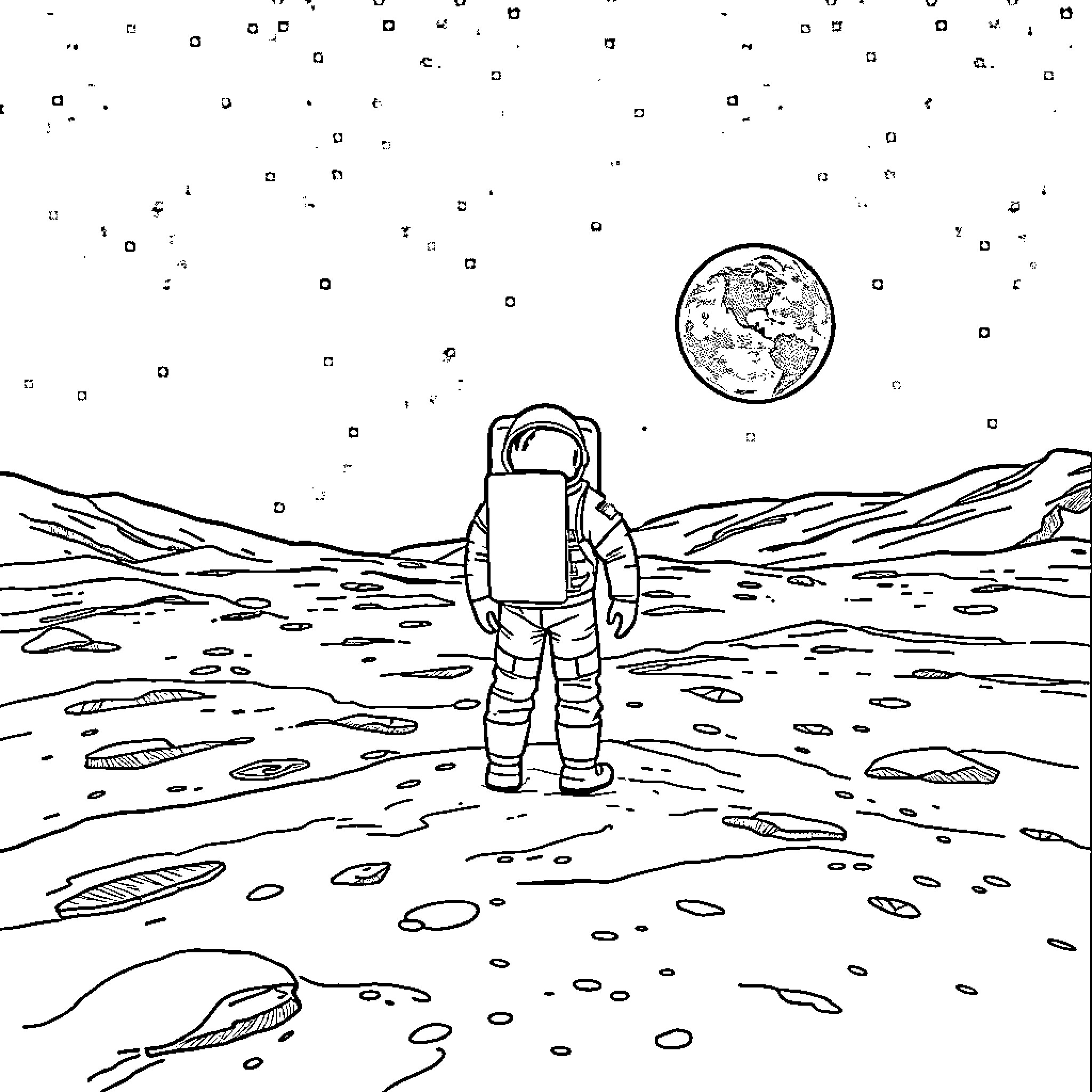 Astronaut exploring the lunar surface Coloring Page (free black-and-white line drawing printable PDF for all, from beginners to advanced learners, including children, teens, adults, and seniors)