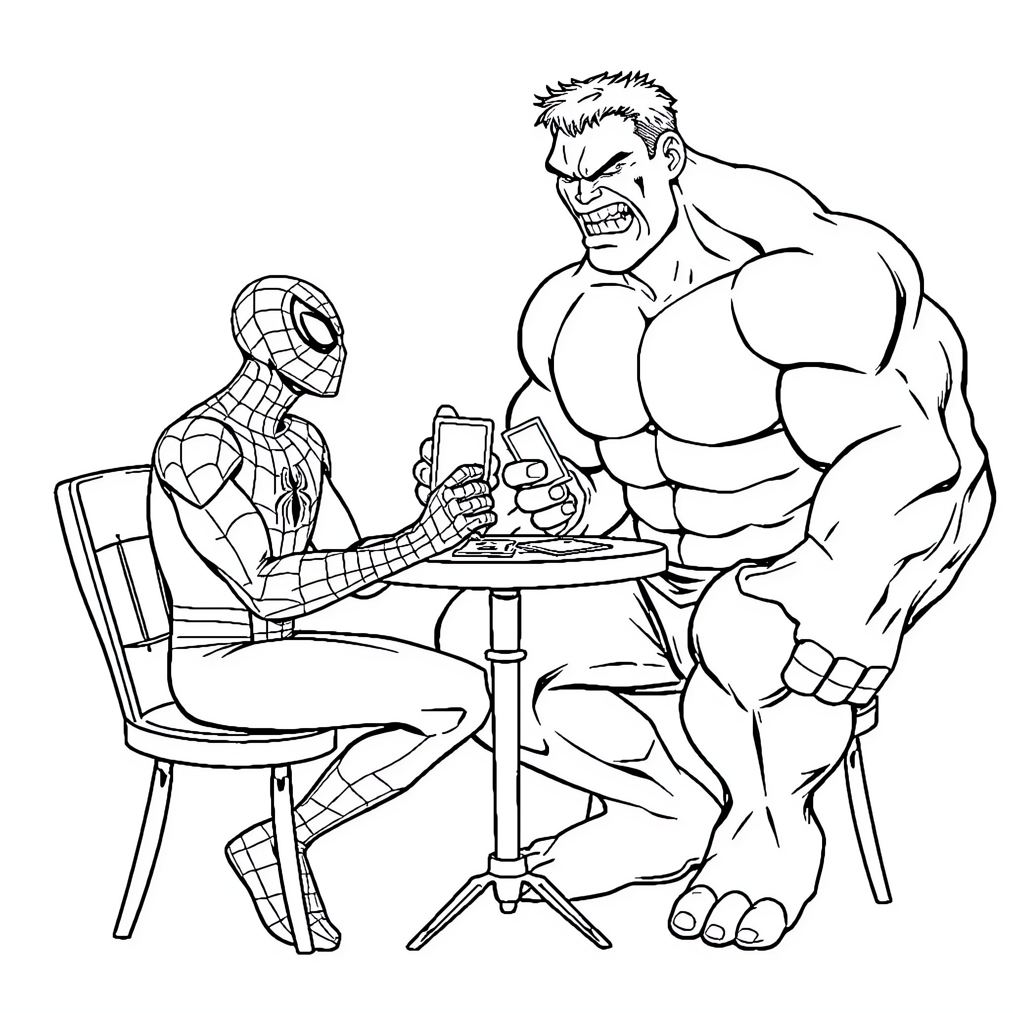 Spiderman meeting Hulk at a cafe Coloring Page (free black-and-white line drawing printable PDF for all, from beginners to advanced learners, including children, teens, adults, and seniors)