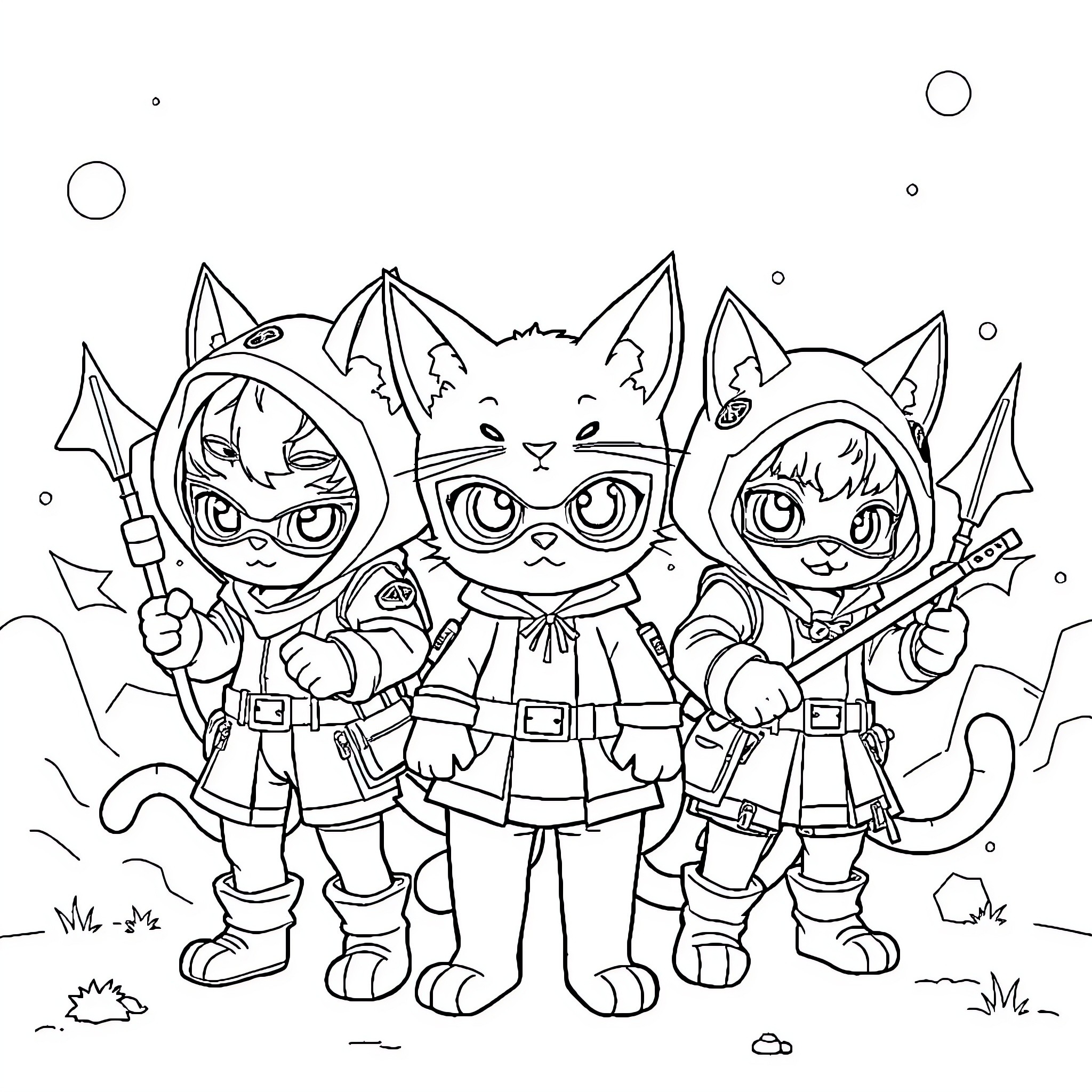 Cat adventurers on a fantasy quest Coloring Page (free black-and-white line drawing printable PDF for all, from beginners to advanced learners, including children, teens, adults, and seniors)