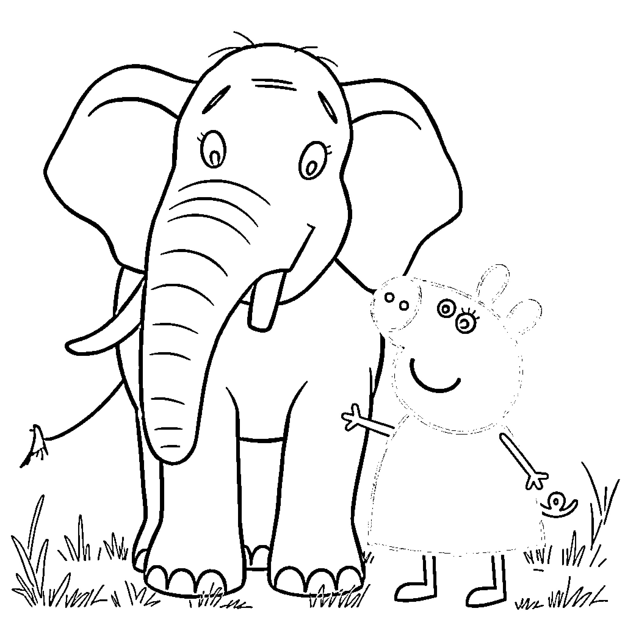 Elephant and its friend in the field Coloring Page (free black-and-white line drawing printable PDF for all, from beginners to advanced learners, including children, teens, adults, and seniors)
