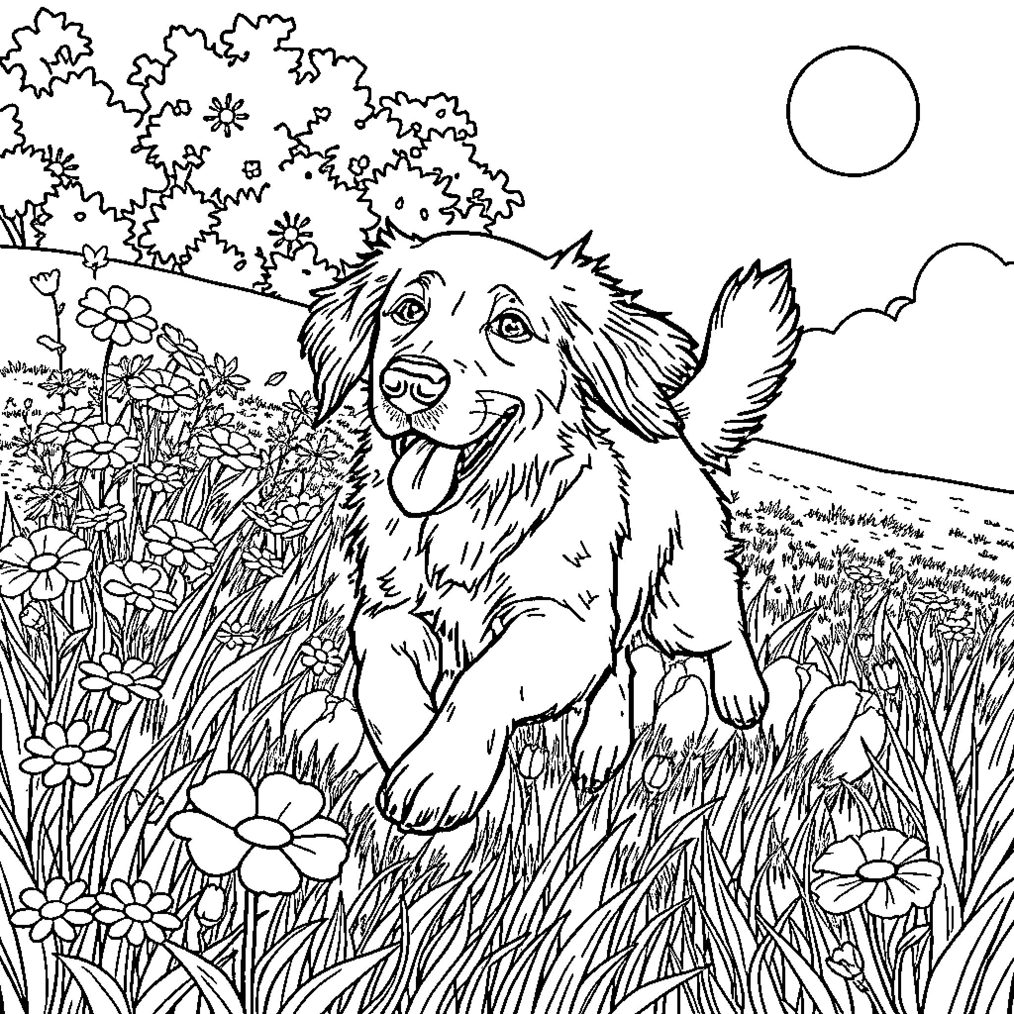 Golden Retriever enjoying flowers in the meadow Coloring Page (free black-and-white line drawing printable PDF for all, from beginners to advanced learners, including children, teens, adults, and seniors)