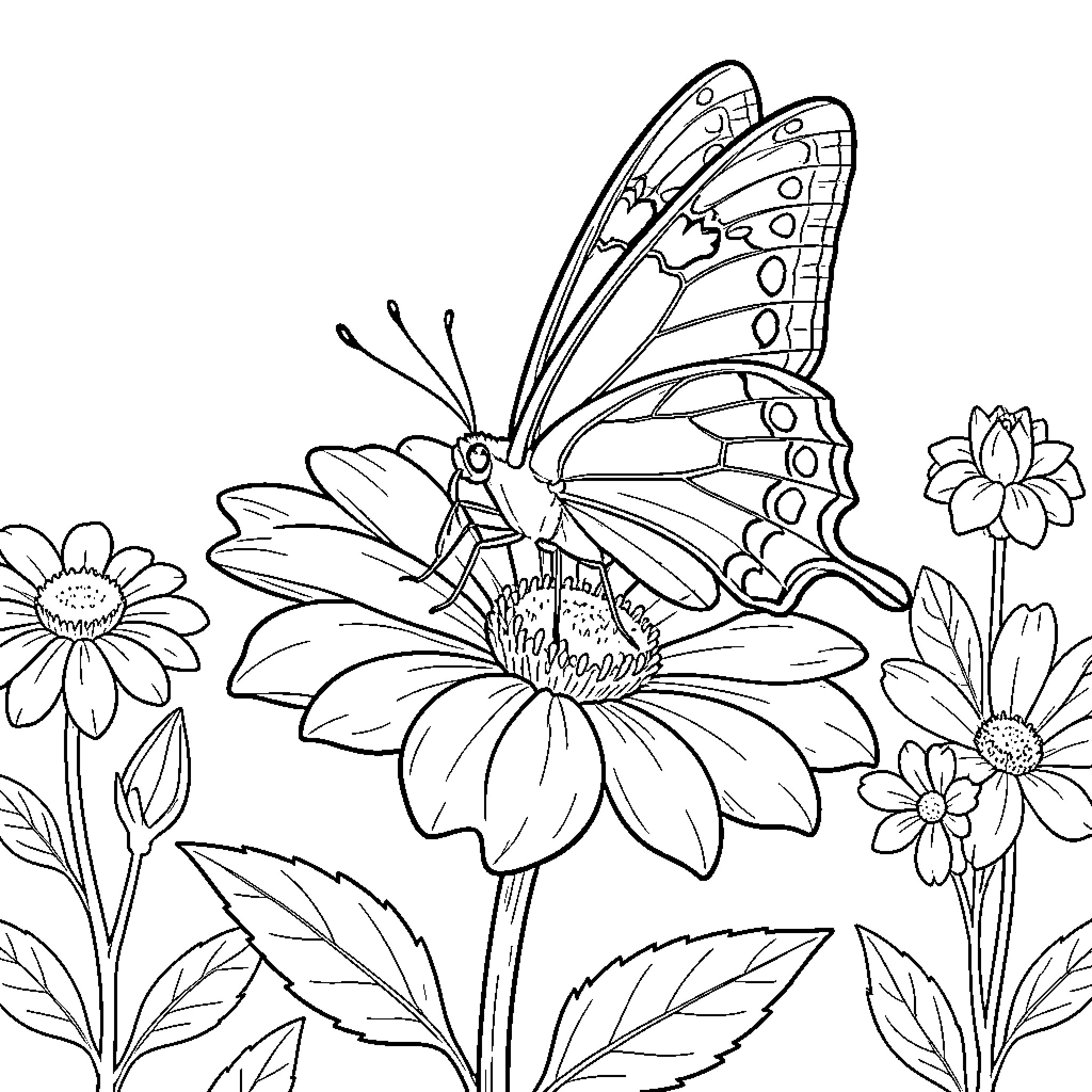 Butterfly resting on a large blooming flower Coloring Page (free black-and-white line drawing printable PDF for all, from beginners to advanced learners, including children, teens, adults, and seniors)