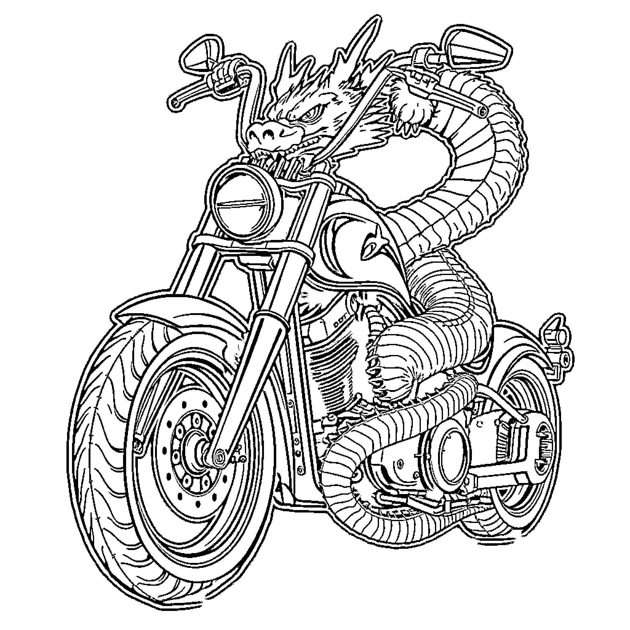 Chopper Motorcycle with Fierce Dragon Embellishment Coloring Page (free black-and-white line drawing printable PDF for all, from beginners to advanced learners, including children, teens, adults, and seniors)