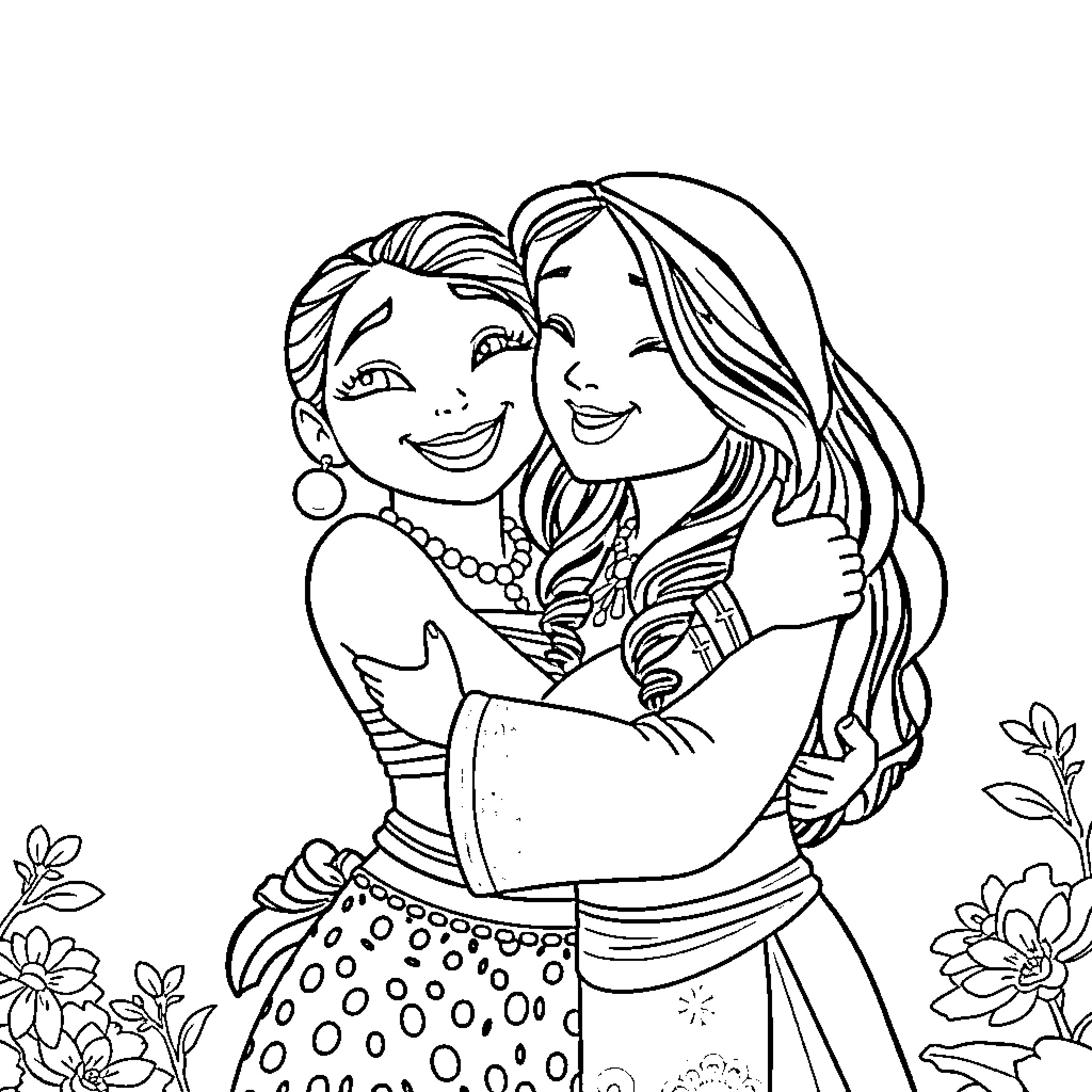 Moana sharing a heartfelt embrace with a loved one Coloring Page (free black-and-white line drawing printable PDF for all, from beginners to advanced learners, including children, teens, adults, and seniors)