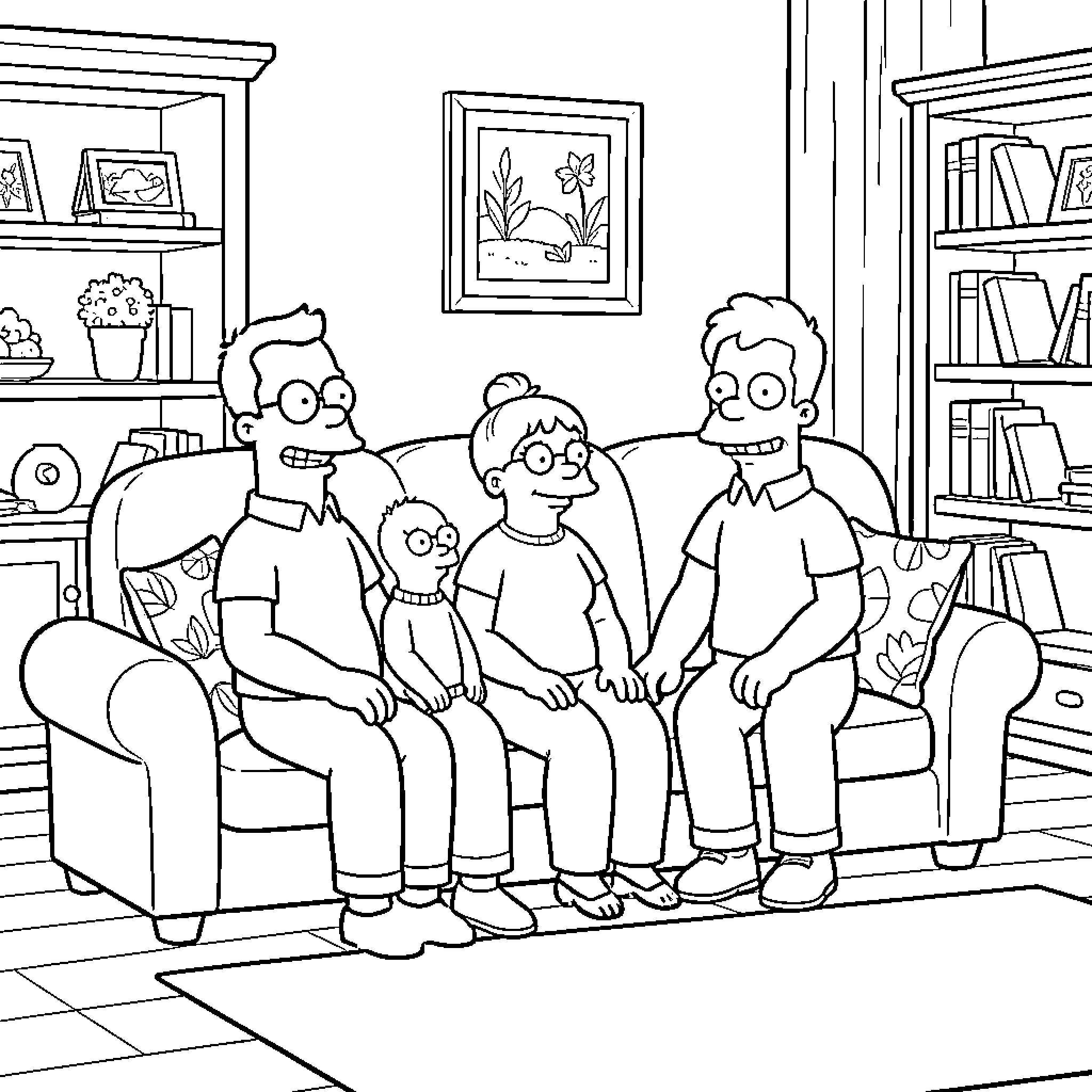 Simpson family sitting together in living room Coloring Page (free black-and-white line drawing printable PDF for all, from beginners to advanced learners, including children, teens, adults, and seniors)