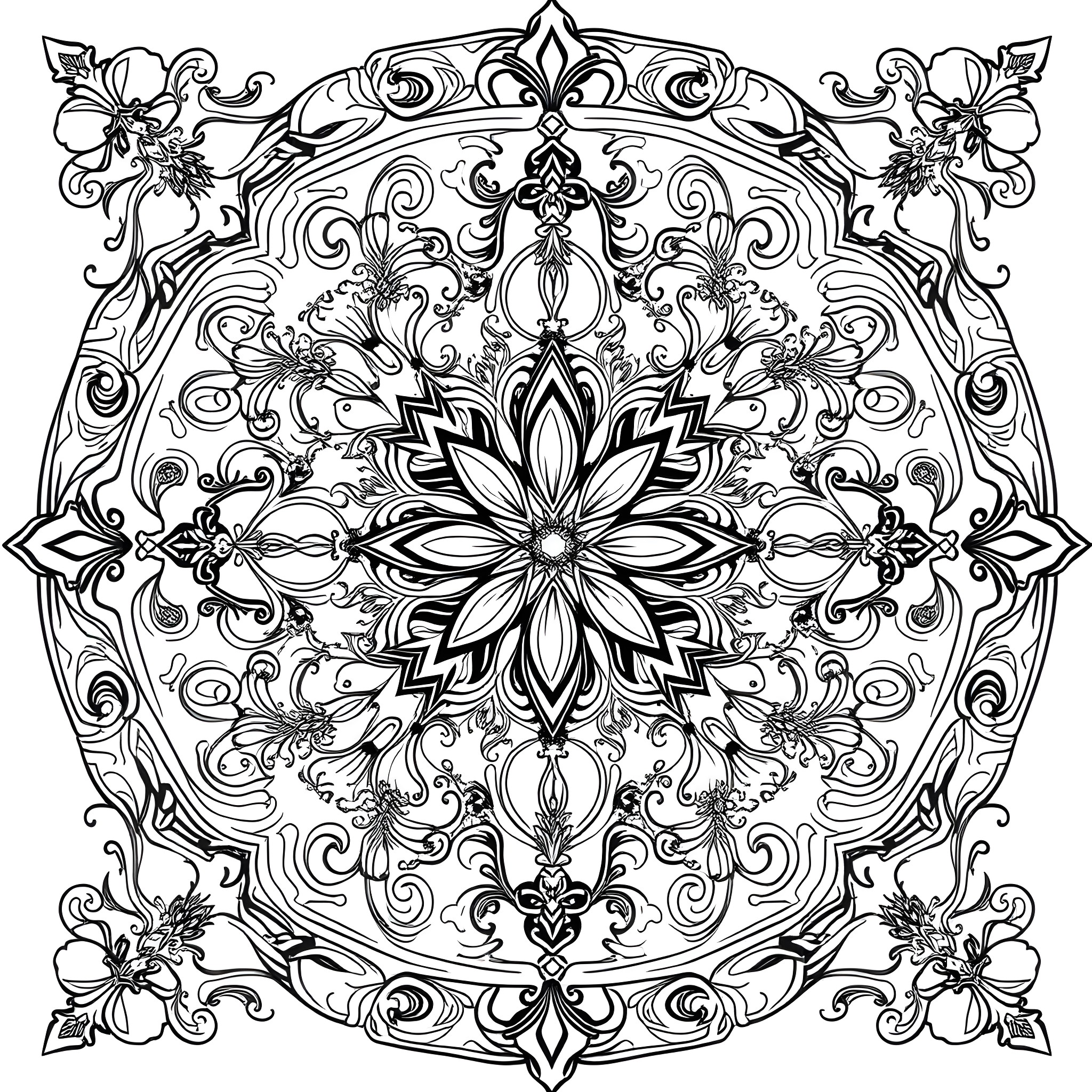Mosaic of Intricate Floral Patterns Coloring Page (free black-and-white line drawing printable PDF for all, from beginners to advanced learners, including children, teens, adults, and seniors)