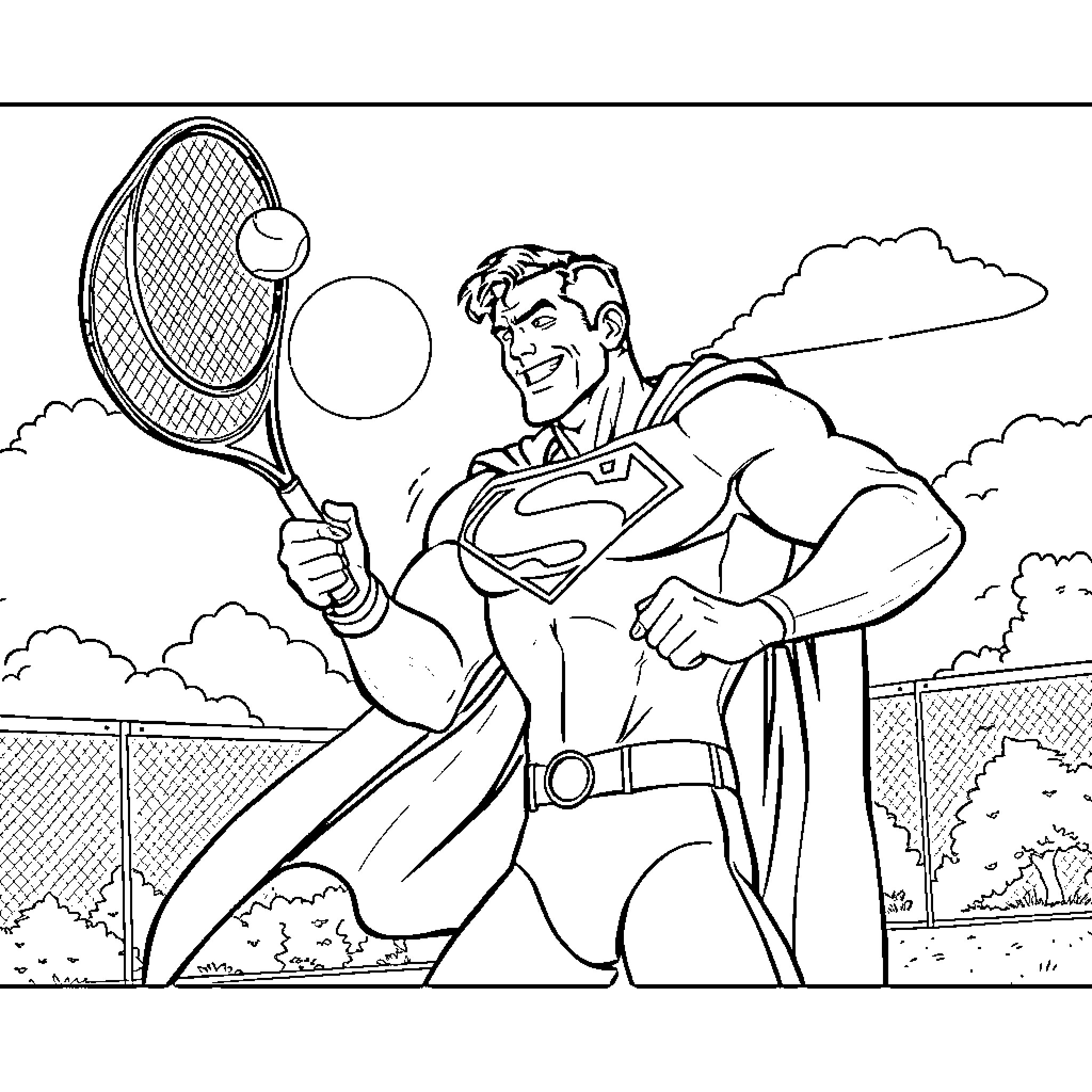 Superman playing energetically with tennis racket Coloring Page (free black-and-white line drawing printable PDF for all, from beginners to advanced learners, including children, teens, adults, and seniors)