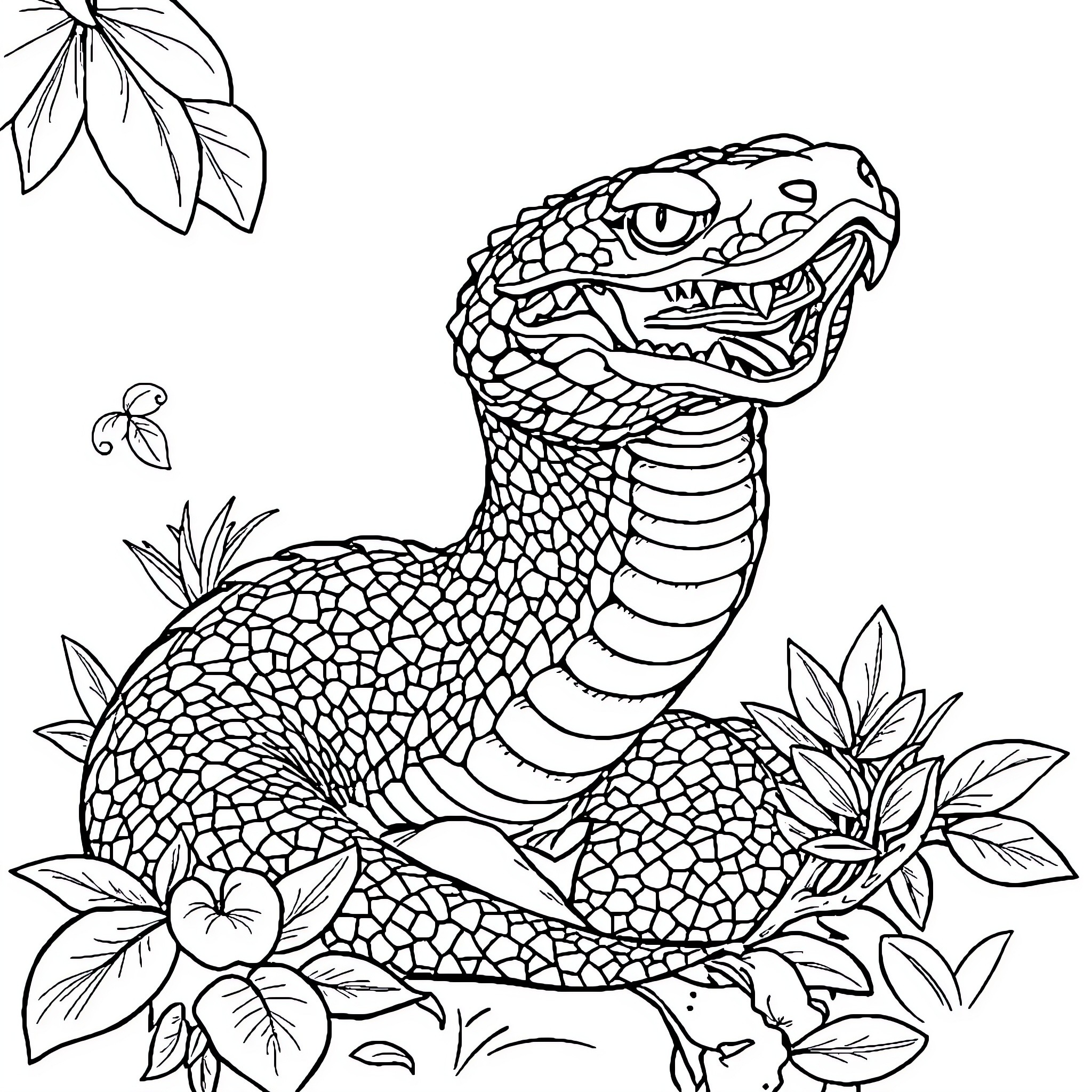 Dragon's fierce gaze amidst floral foliage Coloring Page (free black-and-white line drawing printable PDF for all, from beginners to advanced learners, including children, teens, adults, and seniors)
