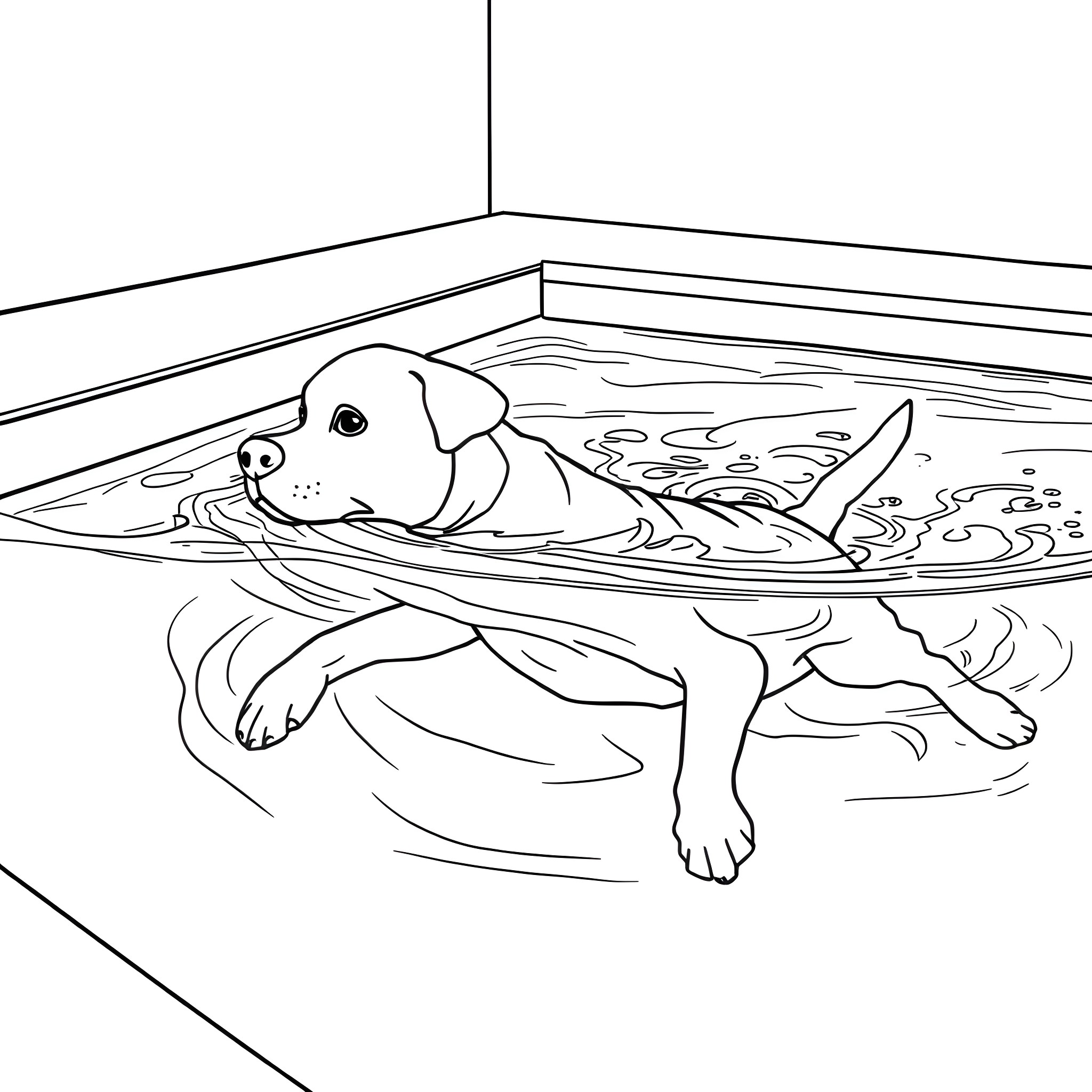 Canine swimming happily in aquarium Coloring Page (free black-and-white line drawing printable PDF for all, from beginners to advanced learners, including children, teens, adults, and seniors)