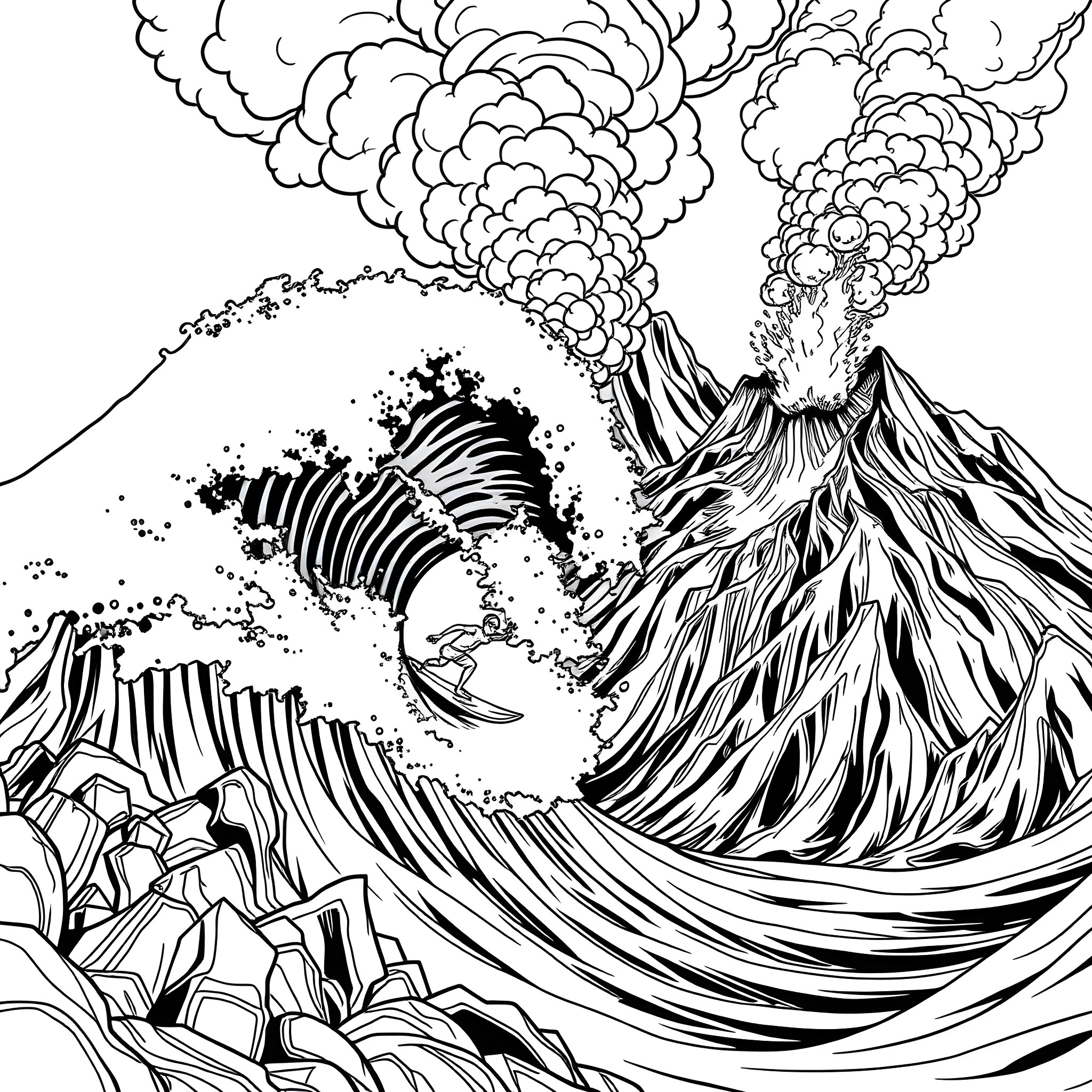 Surfing on a massive wave near an erupting volcano Coloring Page (free black-and-white line drawing printable PDF for all, from beginners to advanced learners, including children, teens, adults, and seniors)