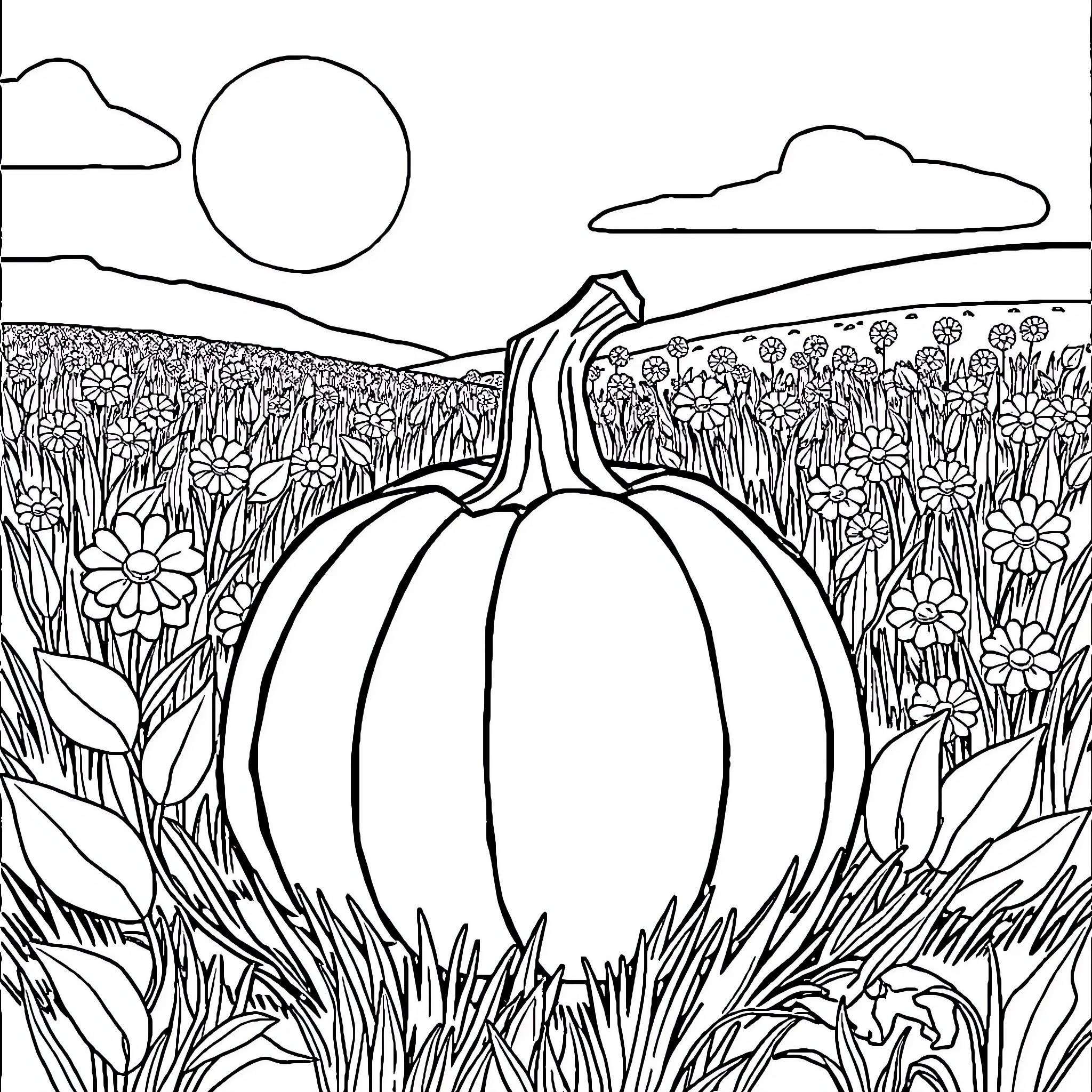 Pumpkin in a Flower-Filled Meadow Coloring Page (free black-and-white line drawing printable PDF for all, from beginners to advanced learners, including children, teens, adults, and seniors)