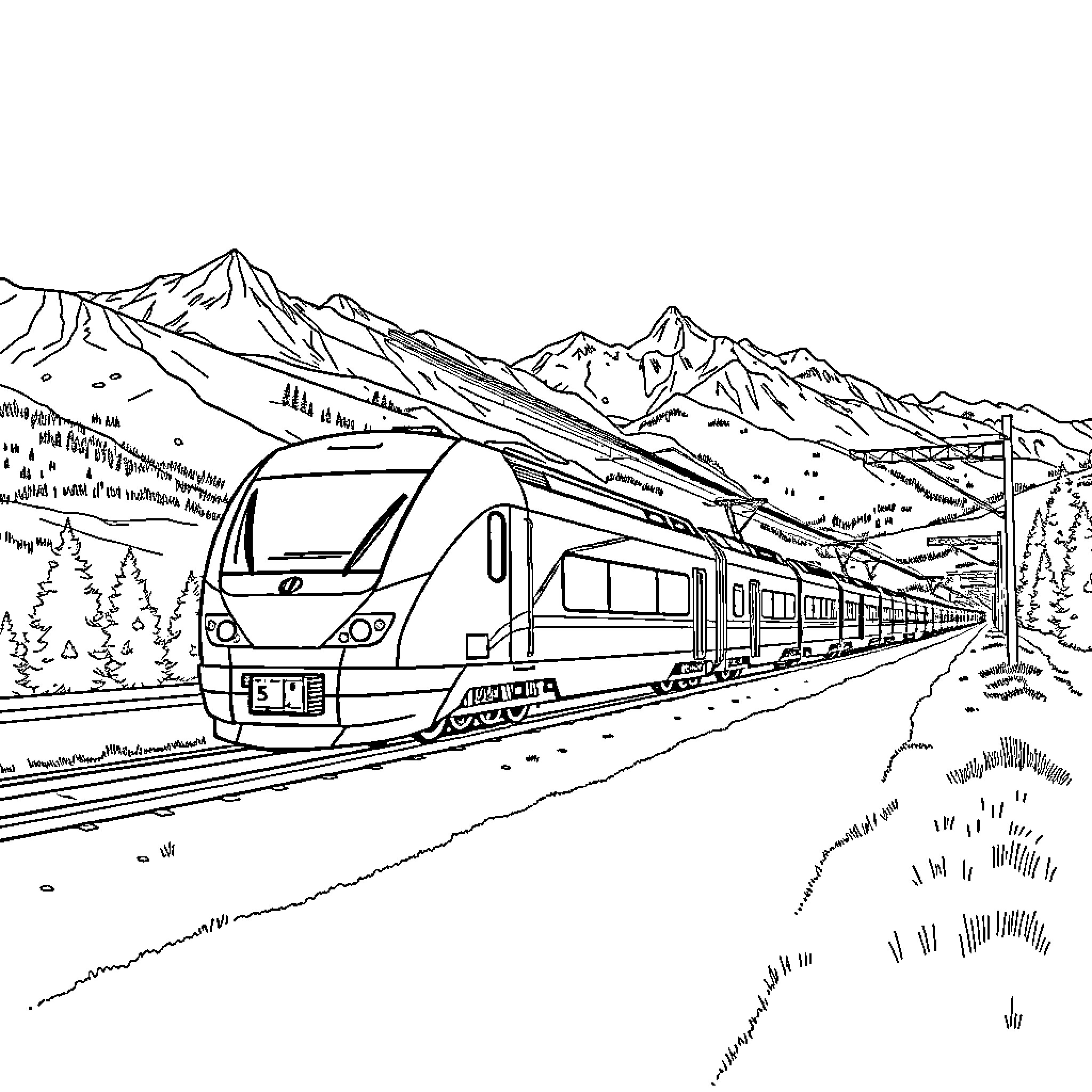 Vectron train traversing through scenic mountains Coloring Page (free black-and-white line drawing printable PDF for all, from beginners to advanced learners, including children, teens, adults, and seniors)