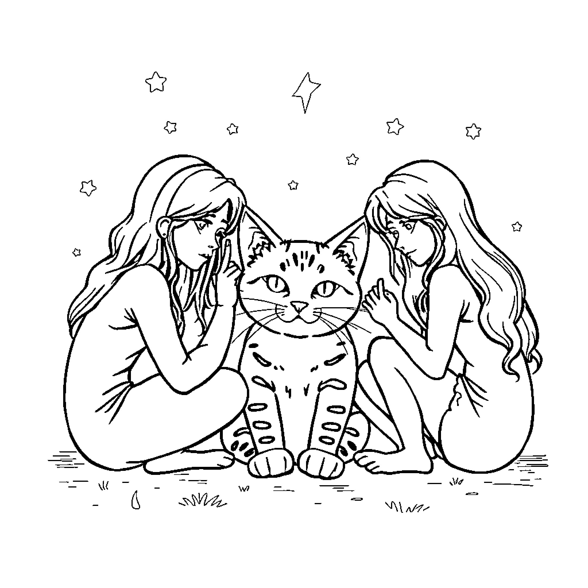 Gato and Friends Enjoying Starry Night Coloring Page (free black-and-white line drawing printable PDF for all, from beginners to advanced learners, including children, teens, adults, and seniors)