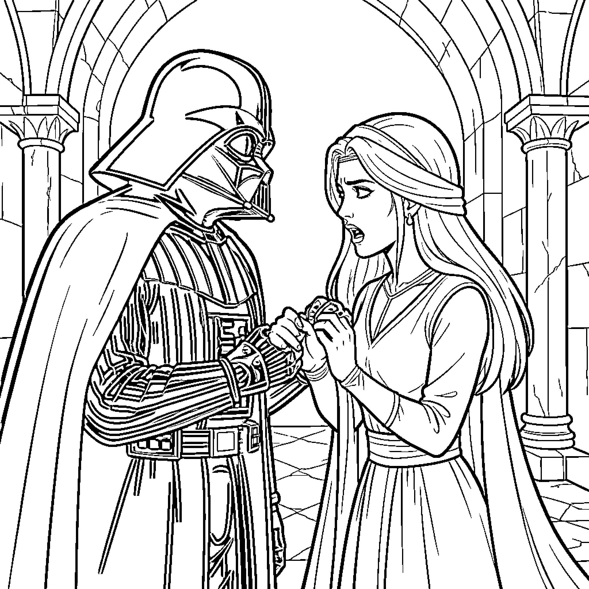 Darth Vader confronting a distressed woman in an archway Coloring Page (free black-and-white line drawing printable PDF for all, from beginners to advanced learners, including children, teens, adults, and seniors)