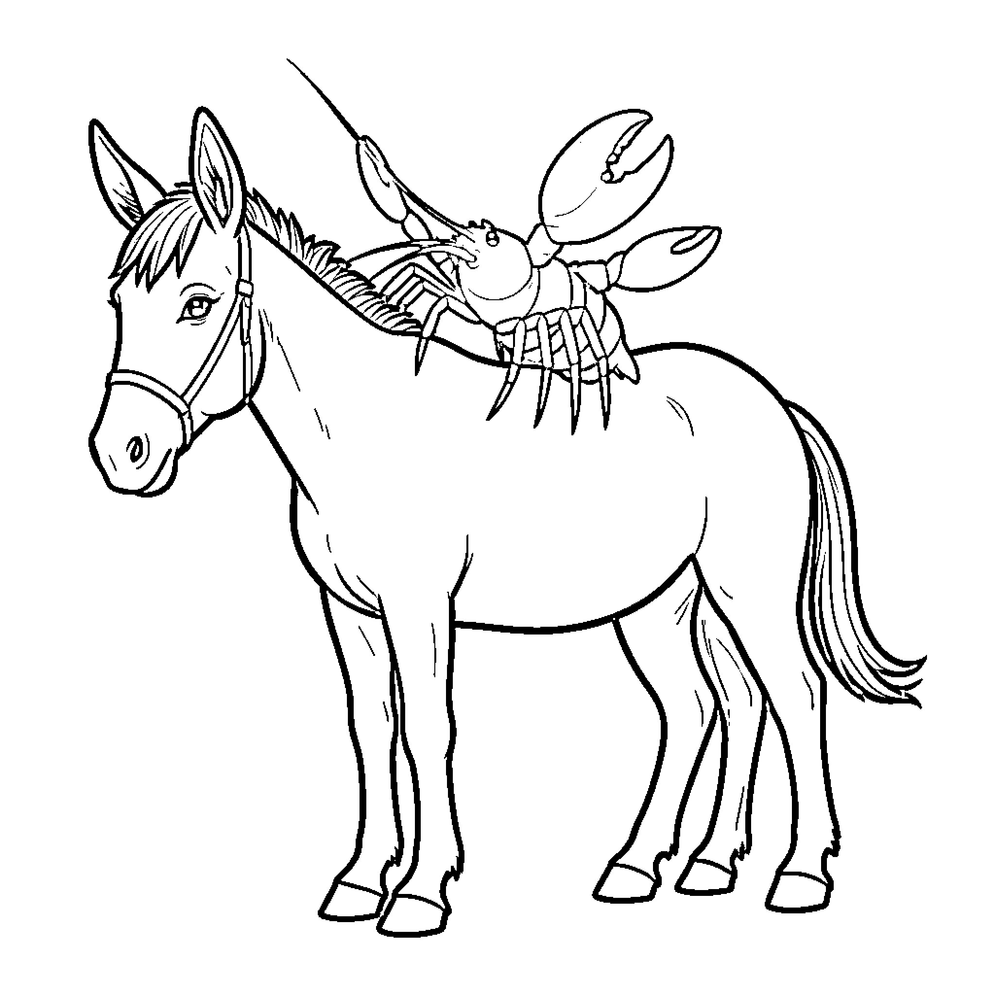 Lobster riding on the back of a donkey Coloring Page (free black-and-white line drawing printable PDF for all, from beginners to advanced learners, including children, teens, adults, and seniors)