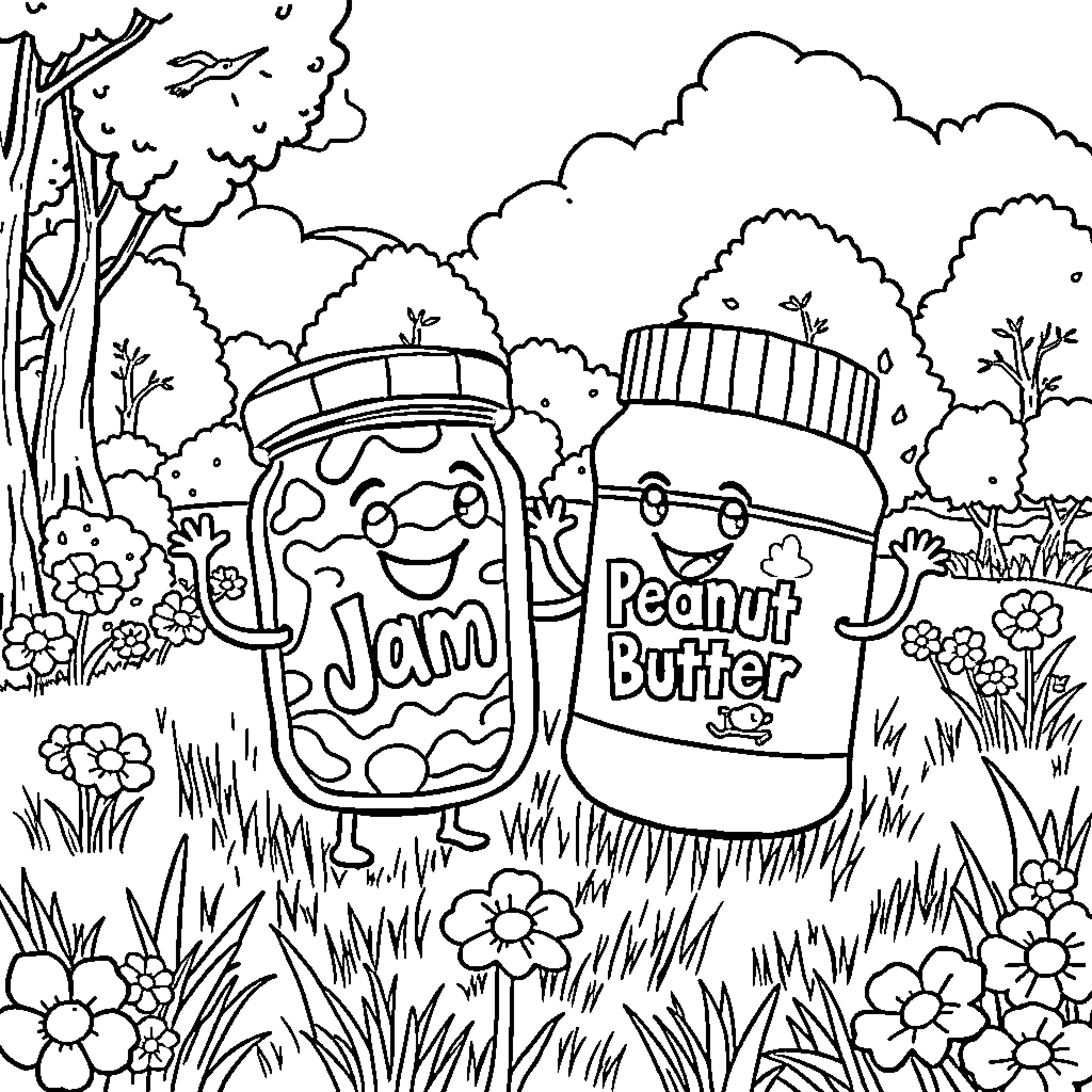 Jam and Peanut Butter Jars Frolicking in the Meadow Coloring Page (free black-and-white line drawing printable PDF for all, from beginners to advanced learners, including children, teens, adults, and seniors)