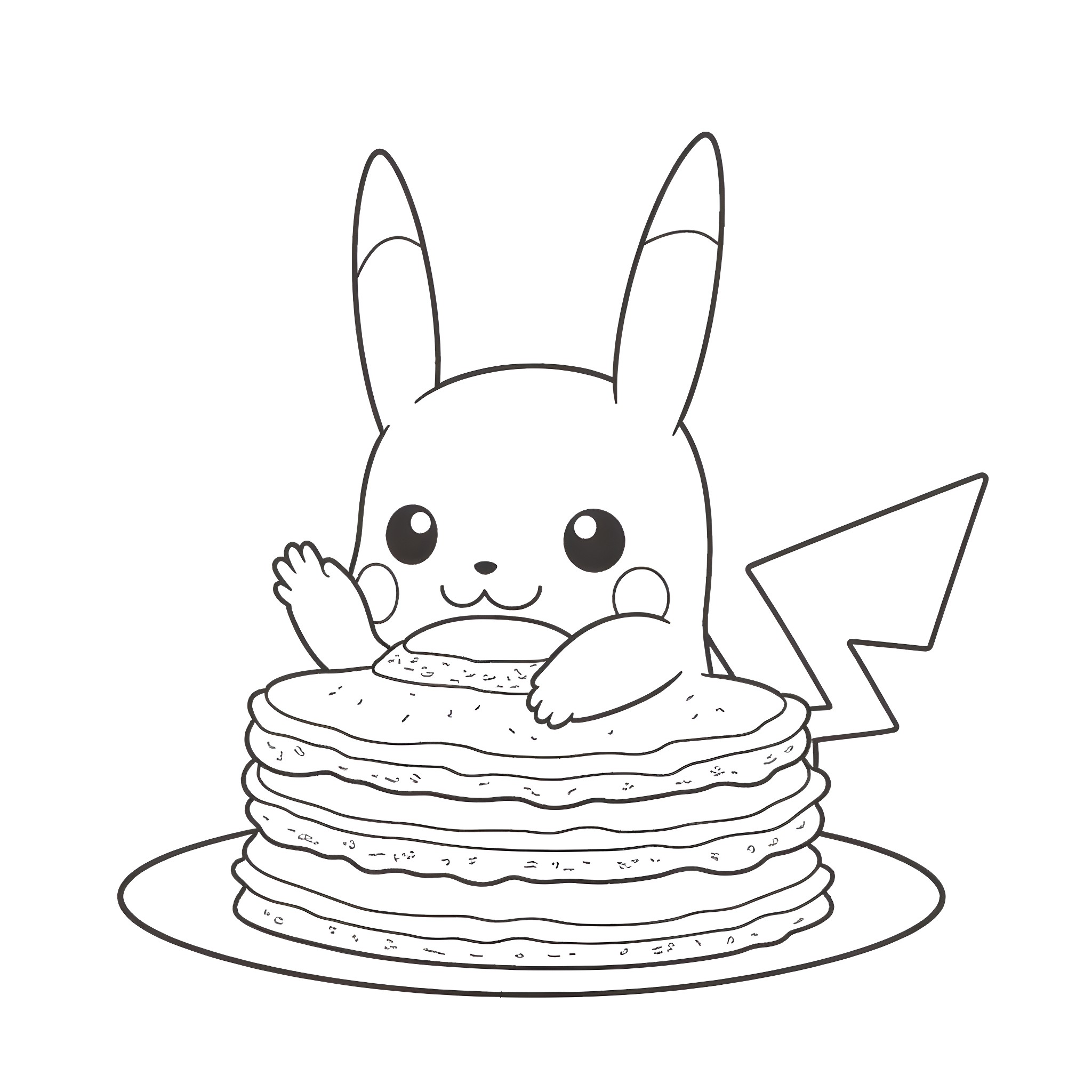 Pikachu enjoying a stack of pancakes Coloring Page (free black-and-white line drawing printable PDF for all, from beginners to advanced learners, including children, teens, adults, and seniors)