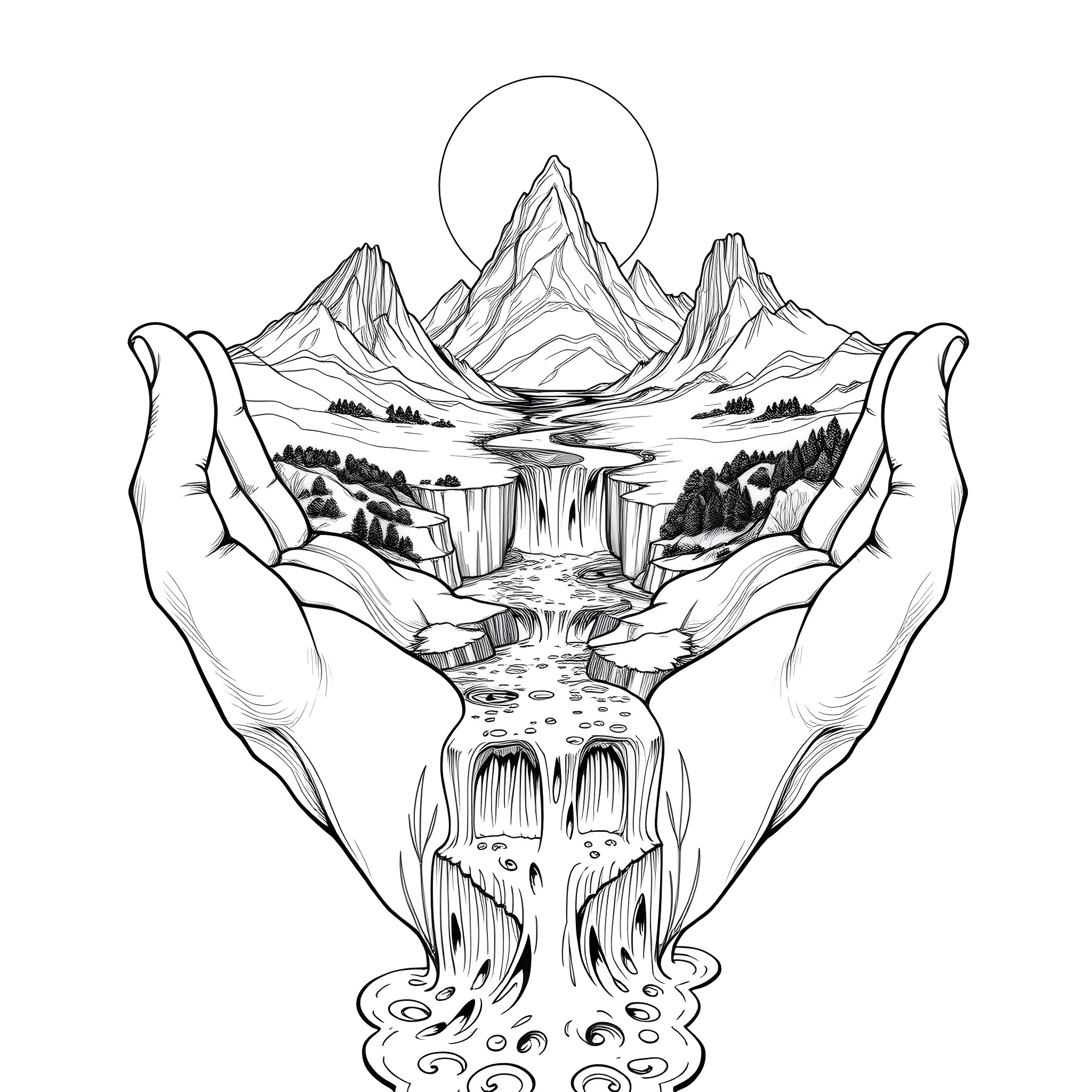 River flowing through majestic mountain landscape Coloring Page (free black-and-white line drawing printable PDF for all, from beginners to advanced learners, including children, teens, adults, and seniors)