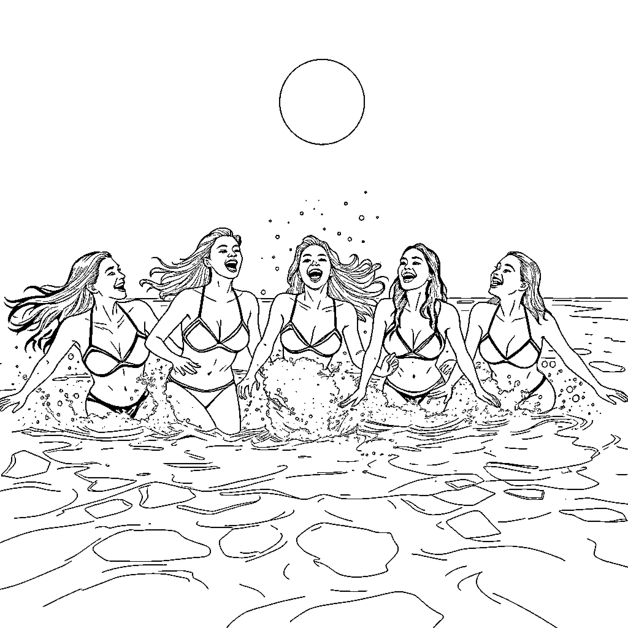 Women enjoying a day at the beach Coloring Page (free black-and-white line drawing printable PDF for all, from beginners to advanced learners, including children, teens, adults, and seniors)