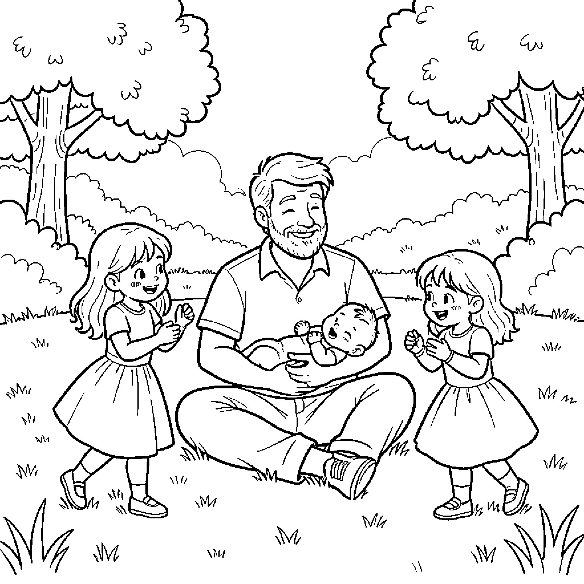 Father sitting in a park playing with his children Coloring Page (free black-and-white line drawing printable PDF for all, from beginners to advanced learners, including children, teens, adults, and seniors)